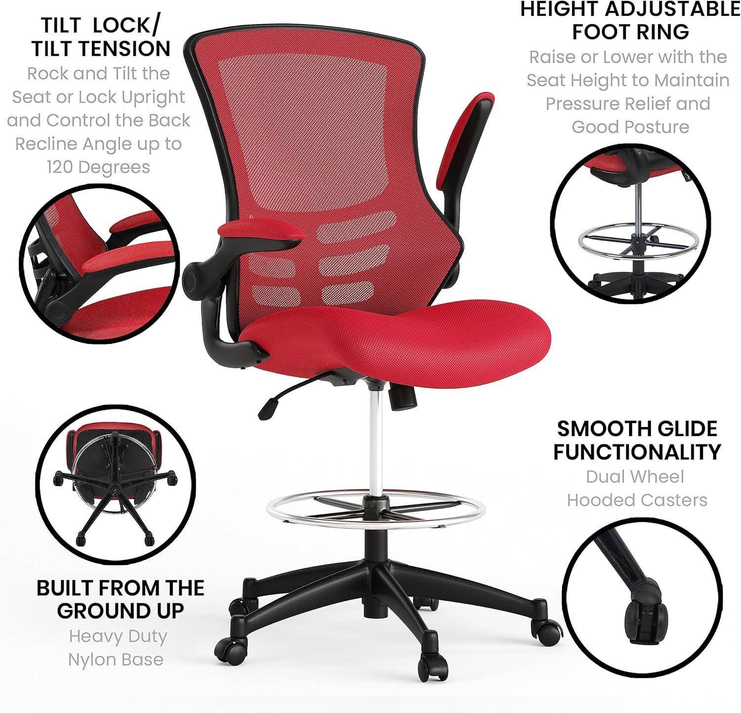 Flash Furniture Mid-Back Mesh Ergonomic Drafting Chair with Adjustable Foot Ring and Flip-Up Arms