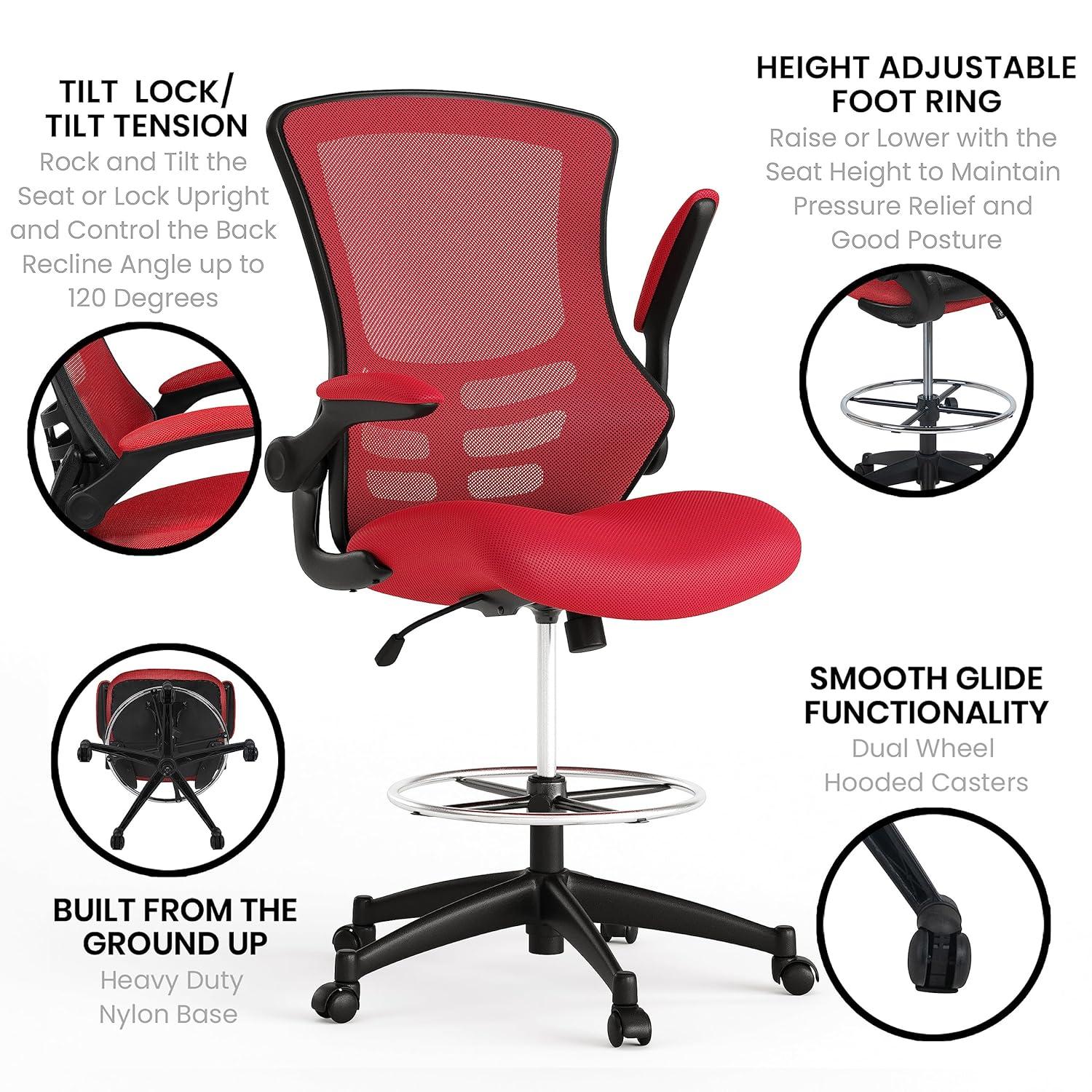 Emma and Oliver Mid-Back Red Mesh Ergonomic Drafting Chair with Foot Ring and Flip-Up Arms