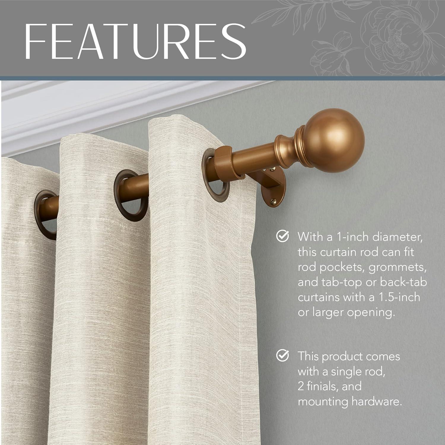 Cordelia 1" Window Drapery Single Curtain Rod with Globe Ball Finial - 86"-120" - Soft Gold - Elrene Home Fashions