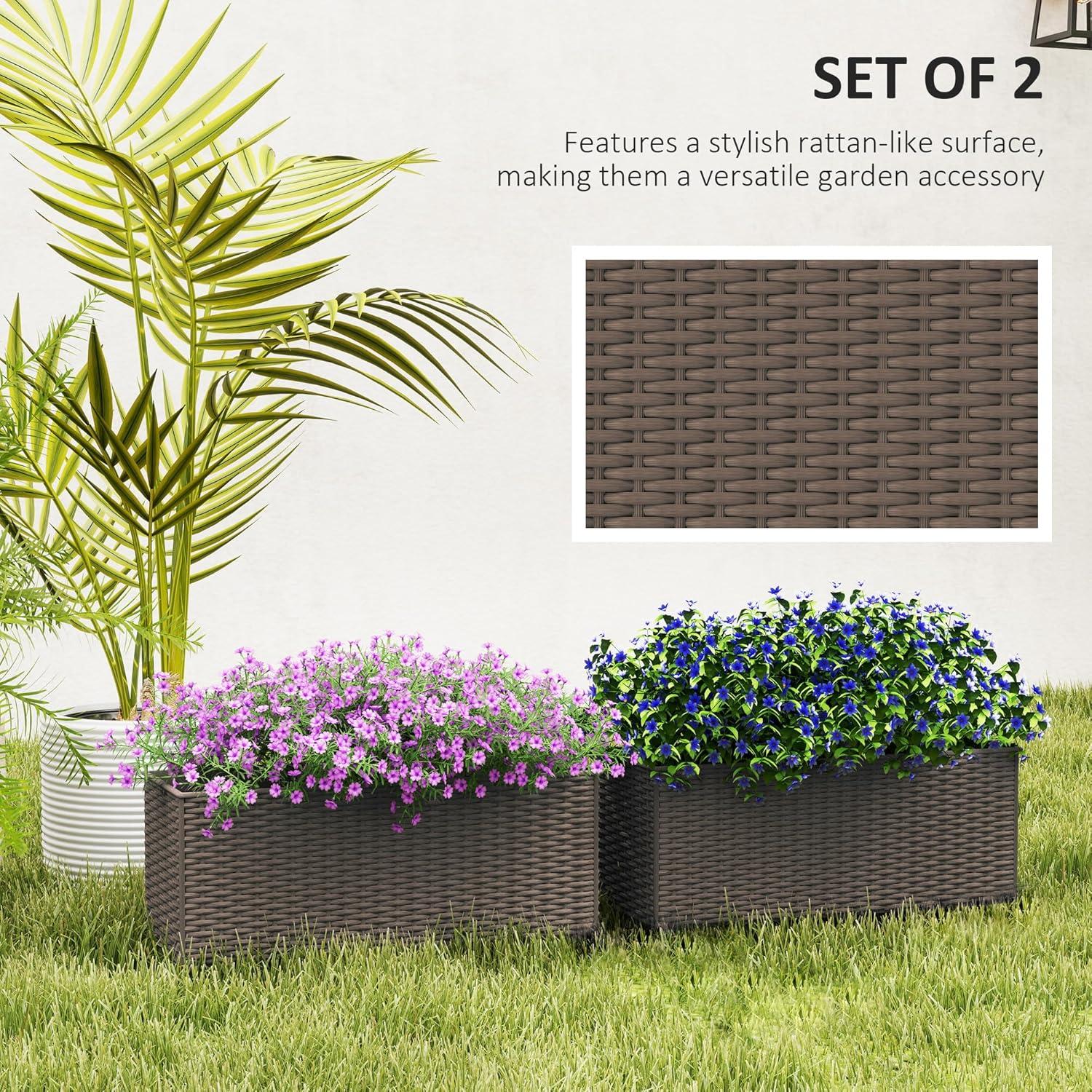 Outsunny Railing Planter Box (2 Pack, 20 Inch), Hanging Flower Pots with Hooks, Drainage Holes for Fence, Balcony, Garden, Patio, Rattan Look, Black