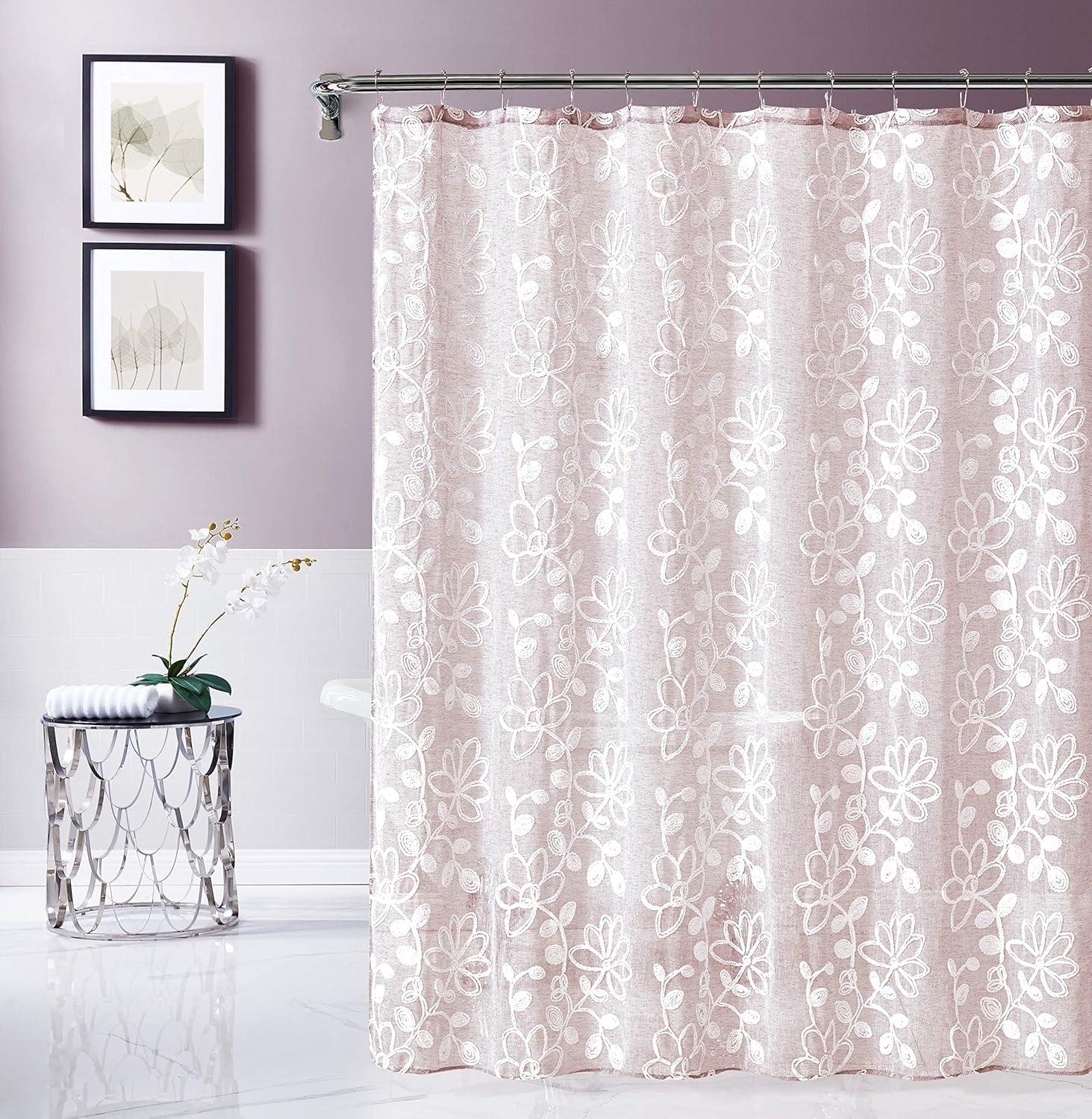 Dainty Home Stella 3D Floral Chenille Embroidered Linen Textured Shower Curtain - Blush