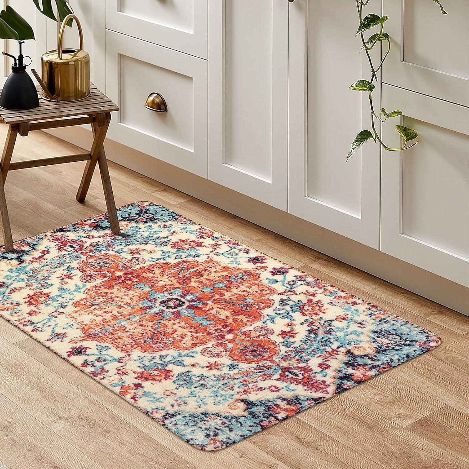 Moynesa 2'x3' Bohemian Area Rug, 2x3ft Small Boho Washable Bathroom Entryway Kitchen Rug,Floral Medallion Non Slip Pet Friendly Vintage Throw Carpet for Front Door Sink Living Room Bedroom, Orange