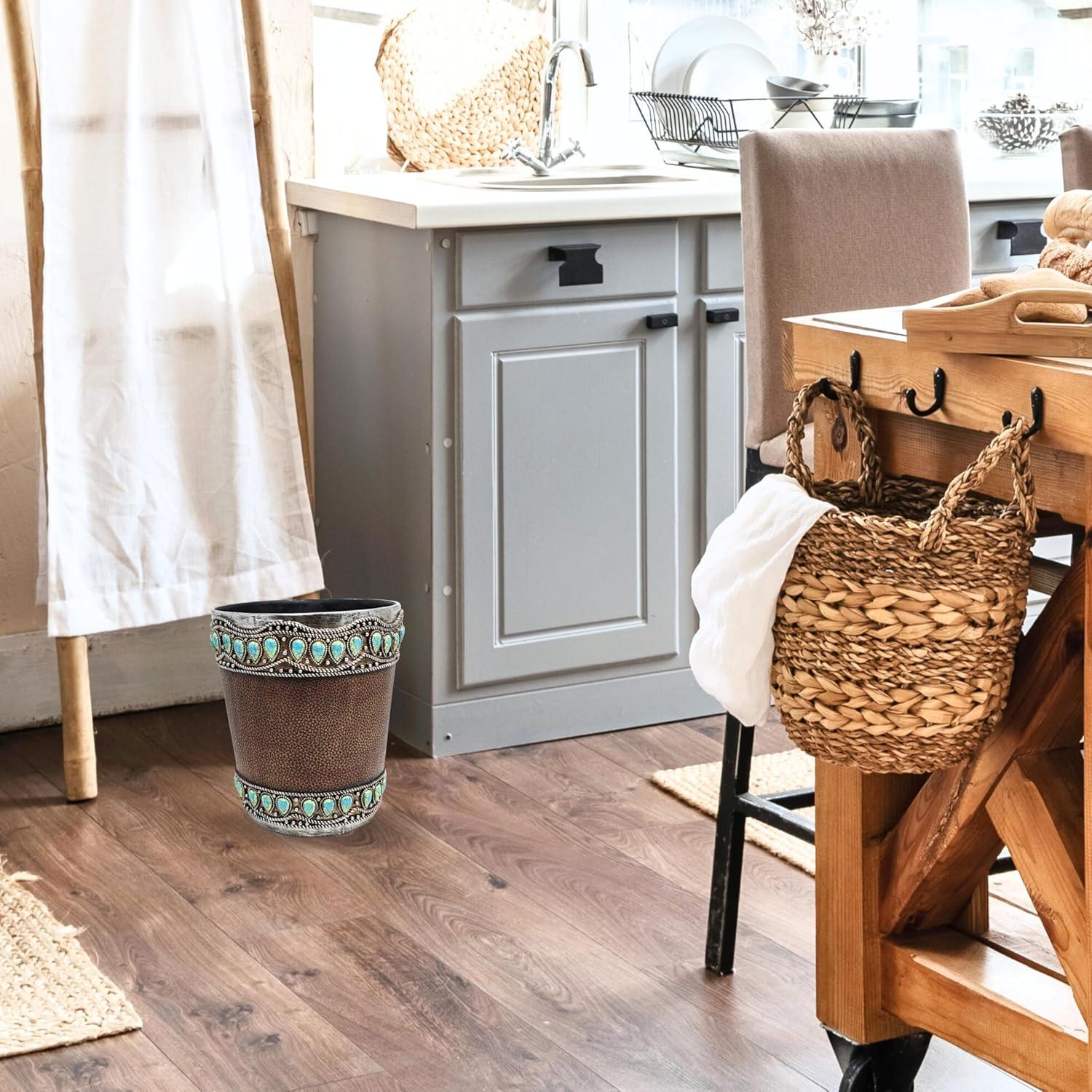 Decor Idea Decorative Resin Faux Leather Small Wastebasket with Turquoise Gem - Southwestern Rustic Trash Bin
