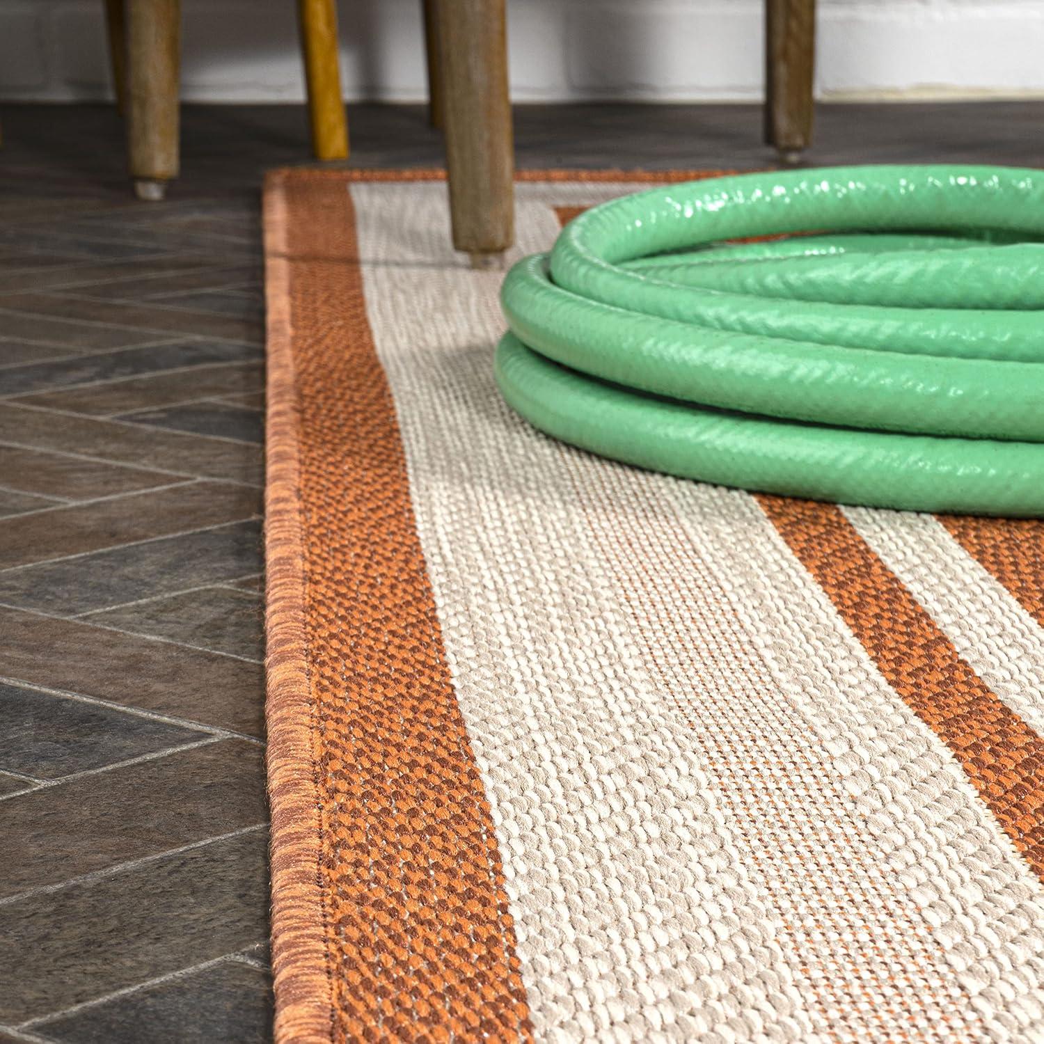 2' x 8' James Modern Border Stripe Indoor/Outdoor Runner Rug, Orange/Cream - JONATHAN Y
