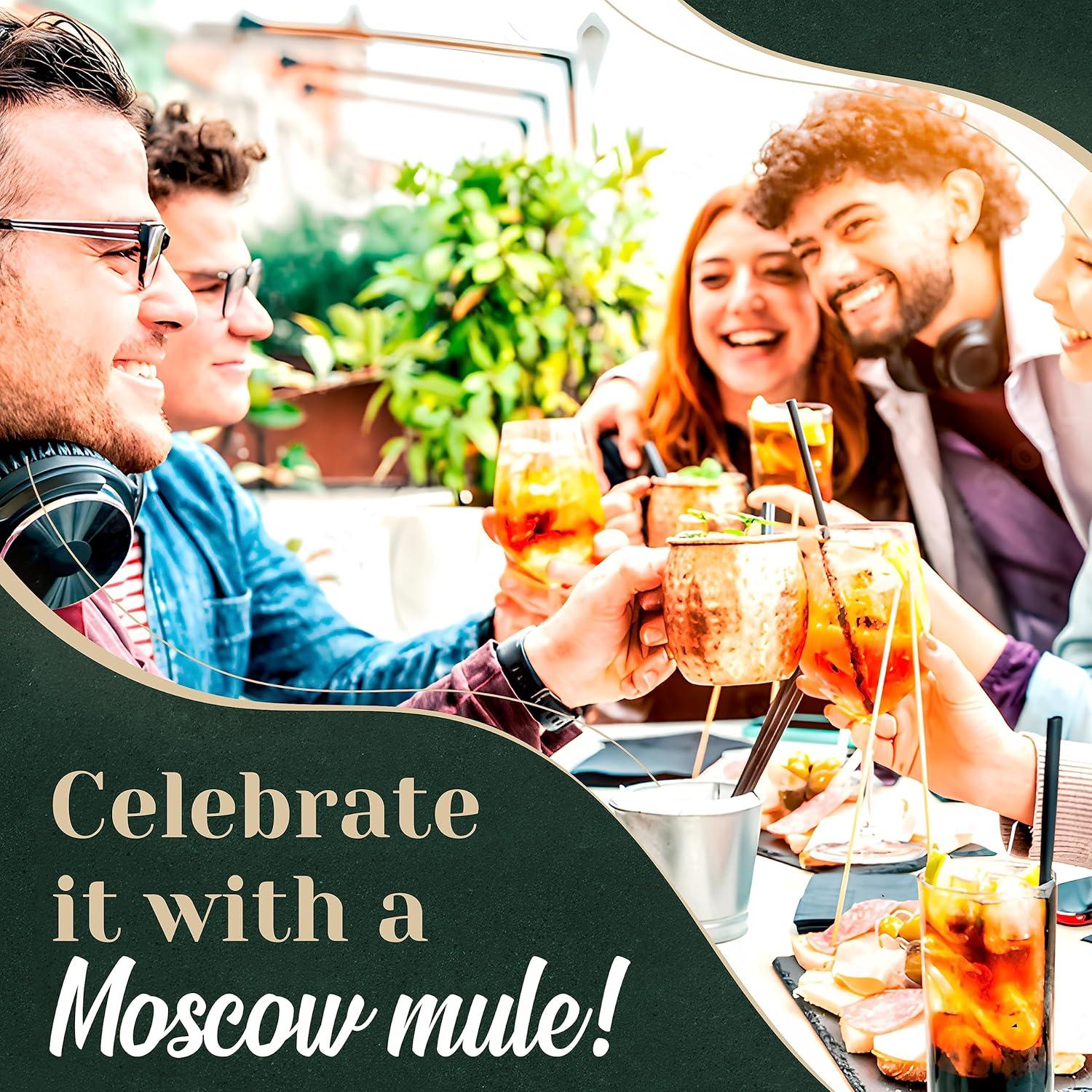 Moscow Mule Copper Mugs Set of 8 (16oz) | Food Grade 100% Pure Copper Cups | Handcrafted w/Lacquered Hammered Finish, Smooth Rounded Lip, Ergonomic Handle (No Rivet) w/Solid Grip
