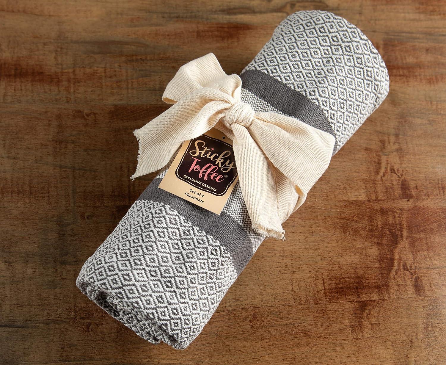 Sticky Toffee Placemats Set of 4, Woven Cotton Cloth Placemat Set, 14x19 in, Gray Boho Place Mats for Kitchen or Dining Table