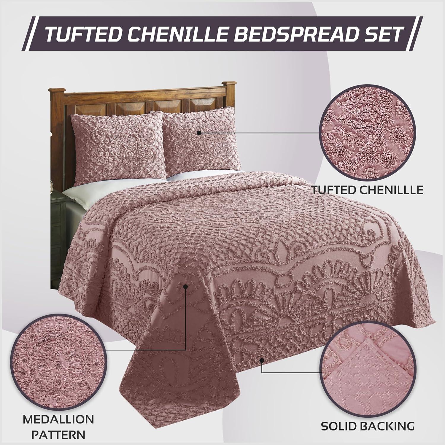 Rose Cotton Chenille Full Bedspread Set with Embroidery