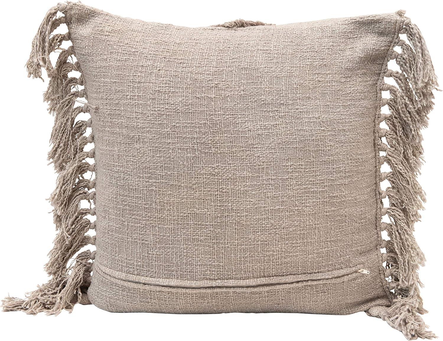 Grey Cotton Blend Tufted Pattern Pillow with Fringe