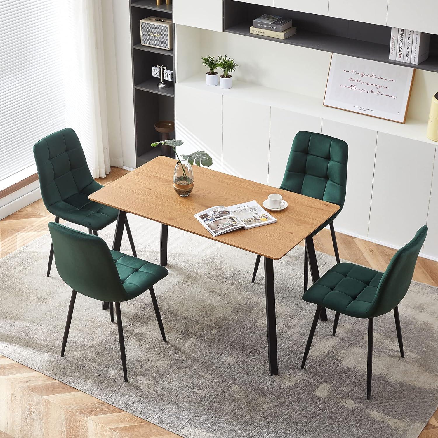 Modern Oak MDF Dining Table with Dark Green Velvet Chairs