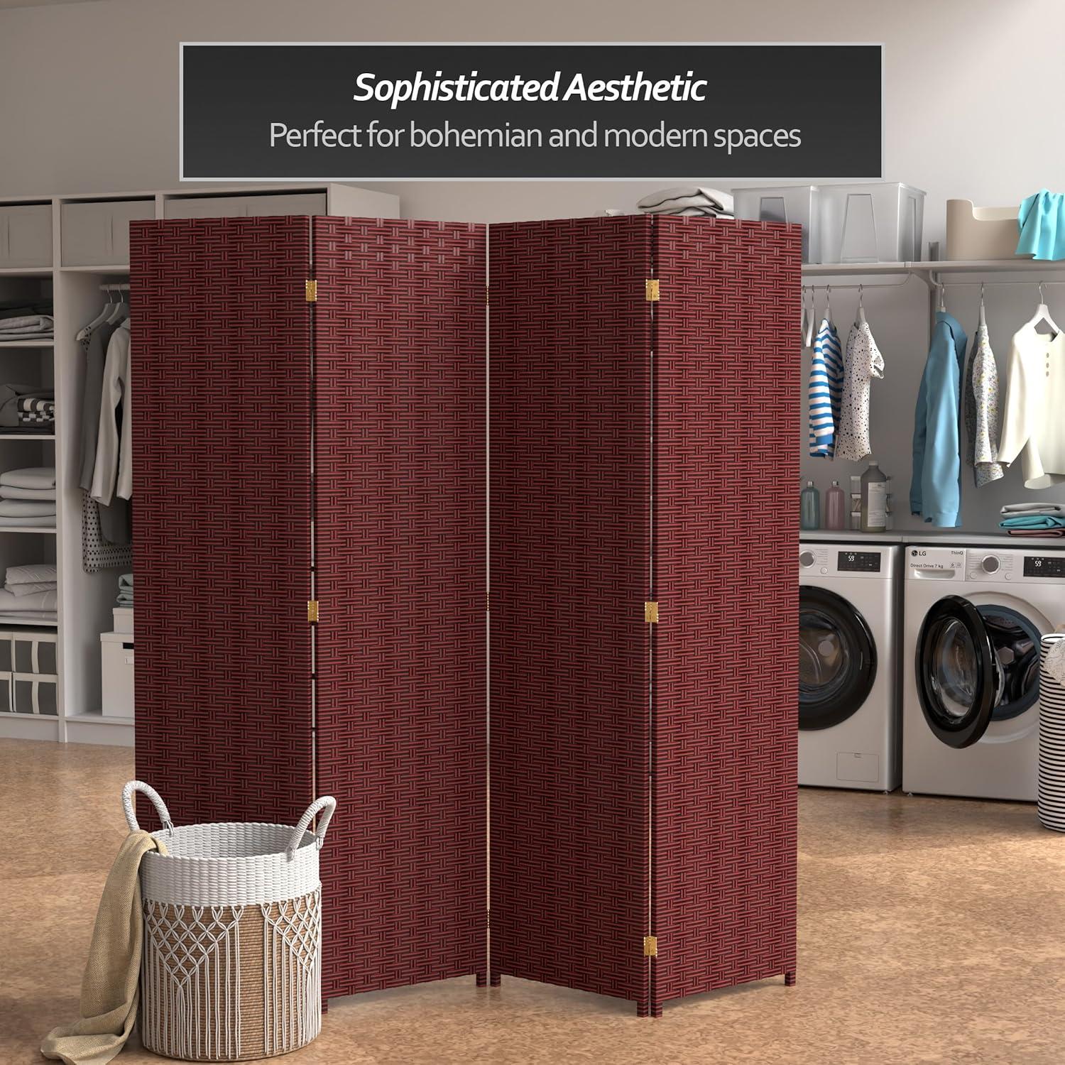 Oriental Furniture 6 ft. Tall Woven Fiber Room Divider - 4 Panel - Red/Black