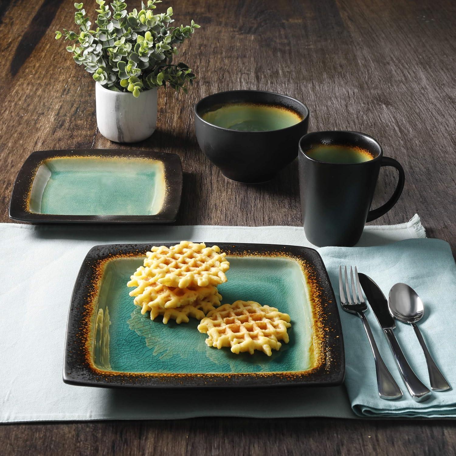 Green and Black Square Ceramic Dinnerware Set, Service for 4