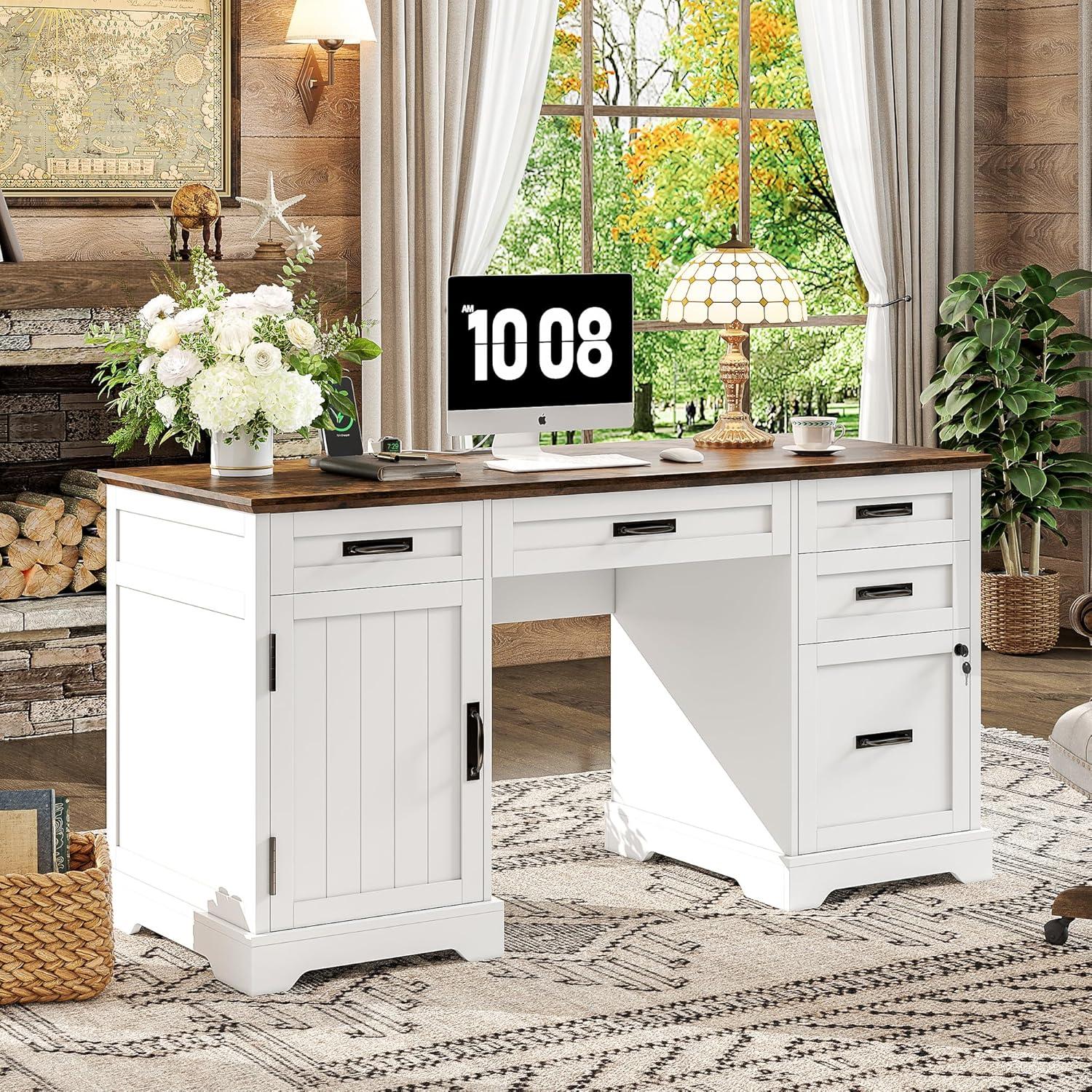 August Grove® 55'' Farmhouse Executive Desk with Drawers, File Cabinet and Power Outlets