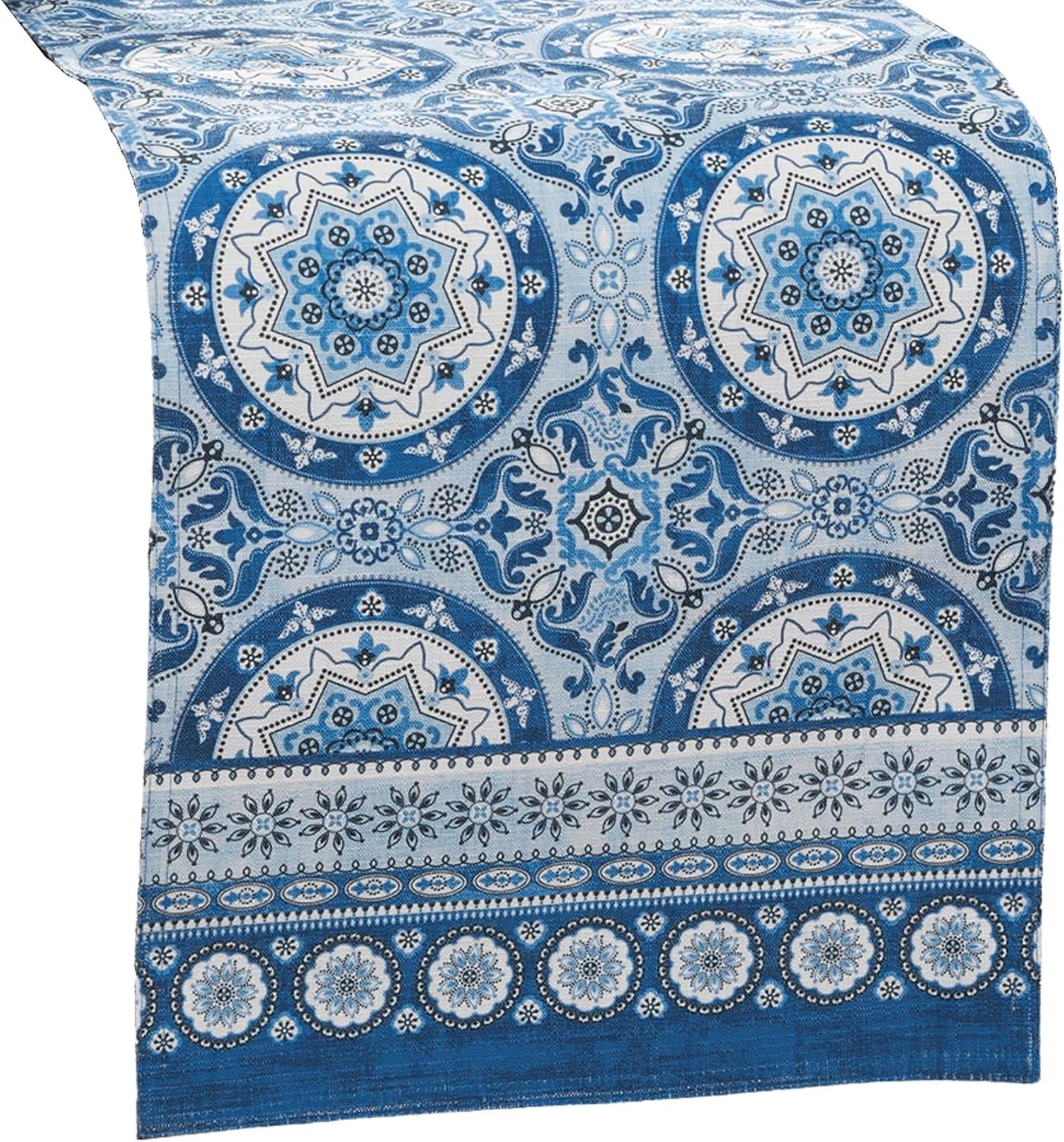 Vietri Medallion Blue Block Print Stain & Water Resistant Indoor/Outdoor Table Runner - Multicolor - 13x70 - Elrene Home Fashions