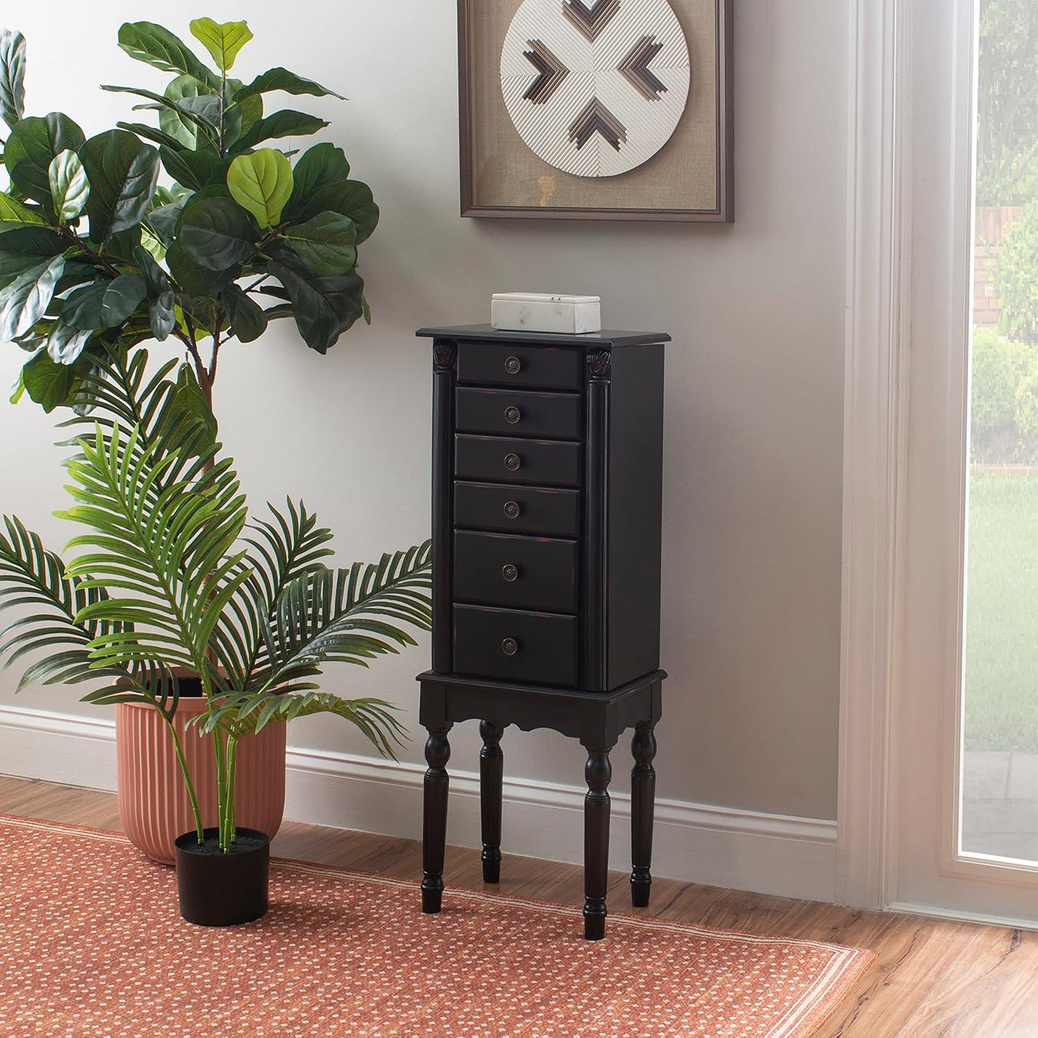 Petite Ebony Black Jewelry Armoire with Mirror and Plush Lining