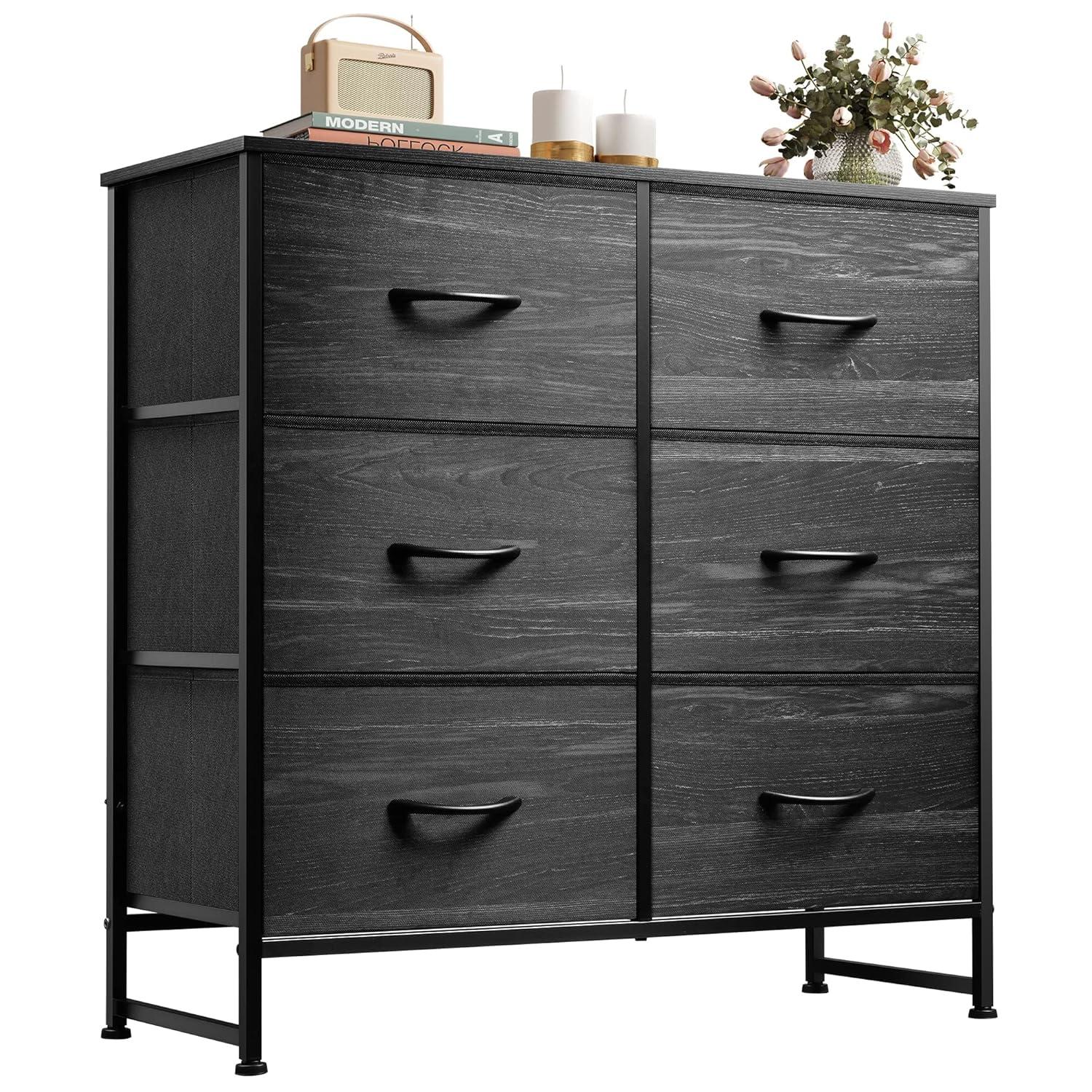 WLIVE Black Dresser for Bedroom, 6 Drawer Double Dresser, Fabric Storage Tower with Fabric Bins, Chest of Drawers for Closet, Living Room, Hallway