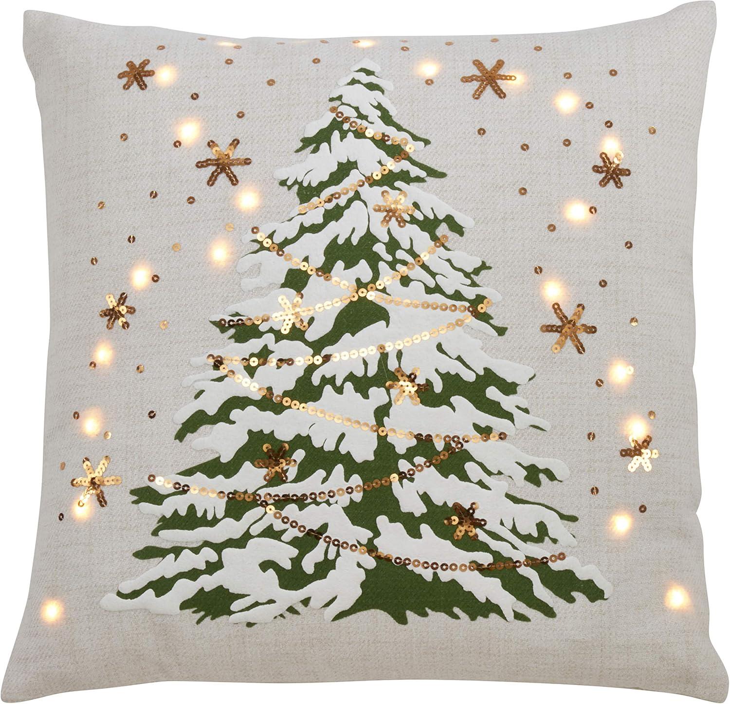 Ivory Square LED Christmas Tree Pillow with Sequins, 18"