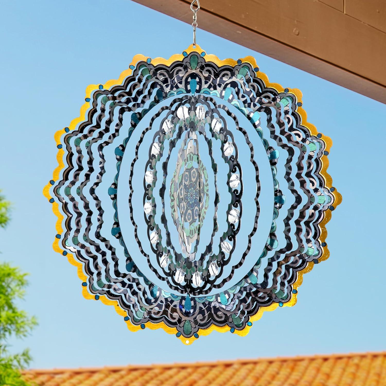 Exhart Wind Spinner, Blue and Black Mandala Hanging Wind Sculpture, 3D Laser Cut Patterns with Bead Details, Metal Outdoor Garden Decoration, Multicolor Lawn and Yard Art, 12 Inch
