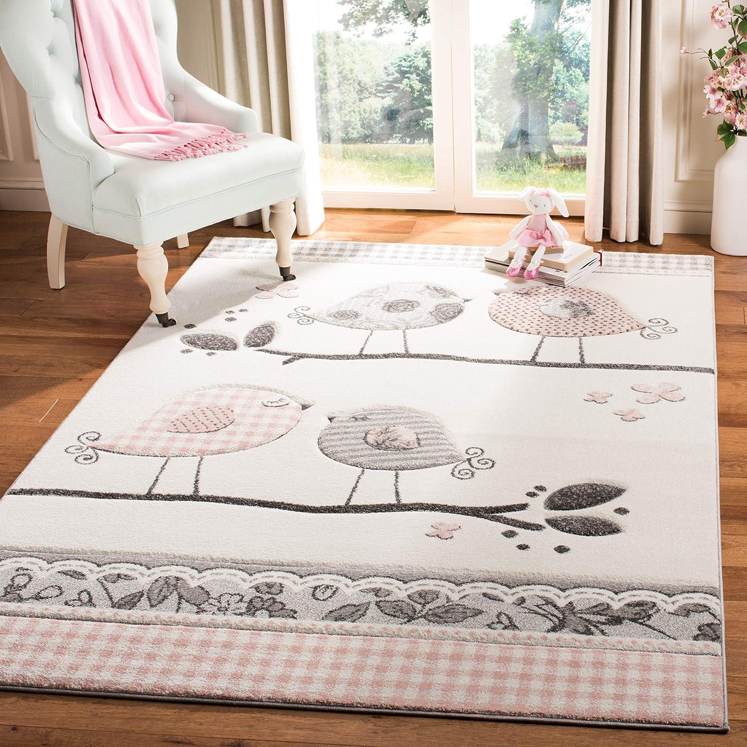 Playful Pals 3' Square Pink and Ivory Synthetic Kids Area Rug