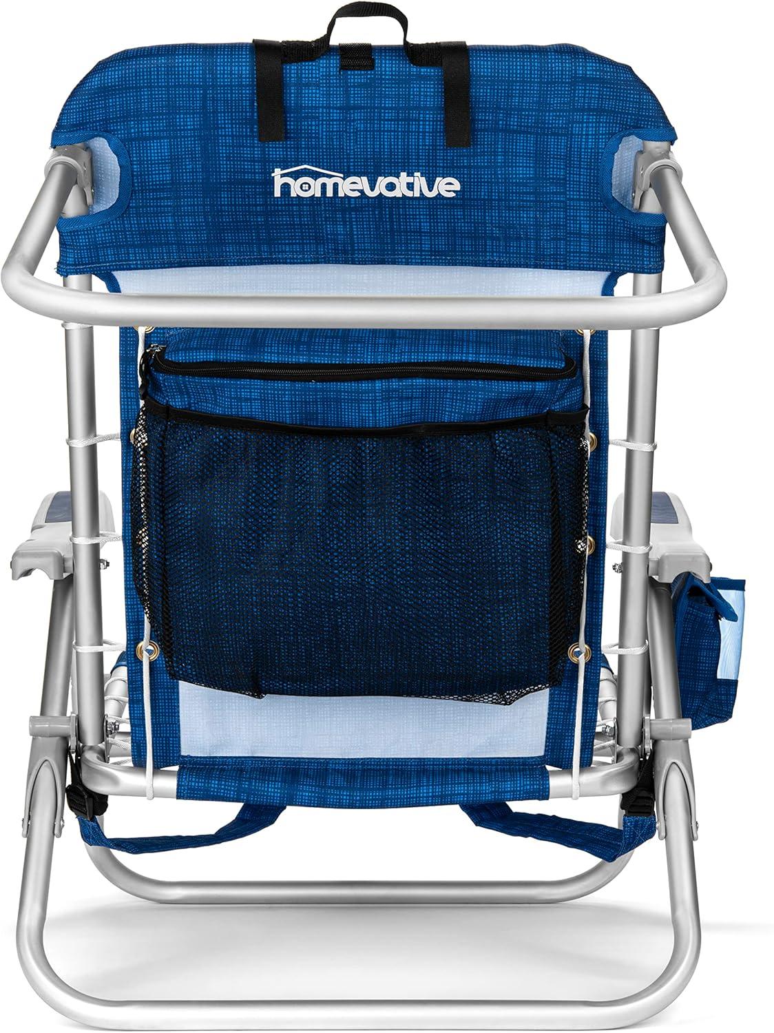 Homevative Cooler+ Folding Backpack Beach Chair with 5 Positions, Towel bar, XL Cooler Pouch, Storage Net, Cup and Phone