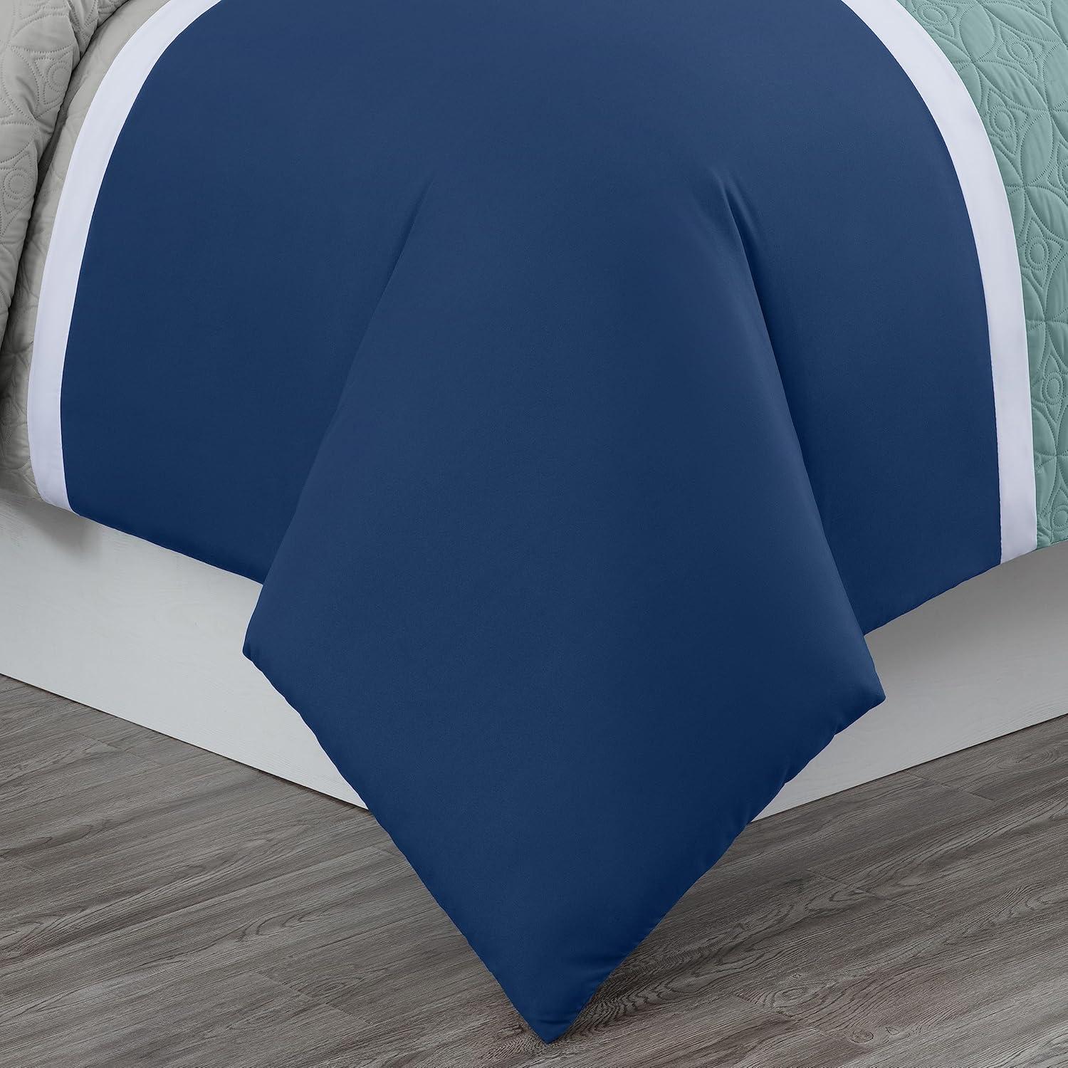 Chezmoi Collection Bernard 7-Piece King Bed in a Bag Comforter Set with Sheets, Lightweight Comforter Navy Blue Gray Patchwork Quilted Medallion Bedding Set for All Season