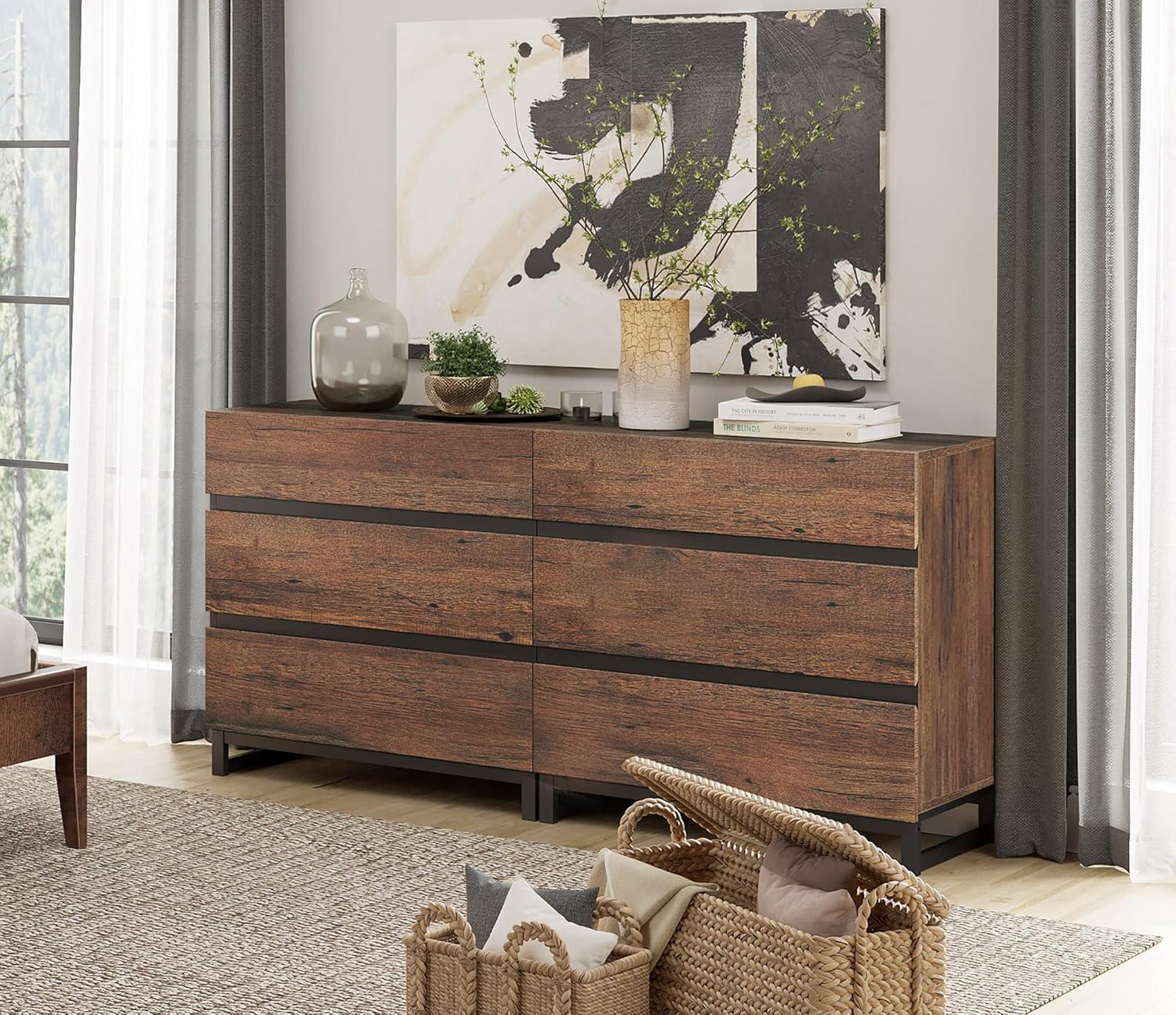 WAMPAT Dresser for Bedroom, Closet Organizers and Storage with 6 Drawers, Chest of Drawers with Metal Base, Modern Wood Dresser for Living Room, Entryway, Brown