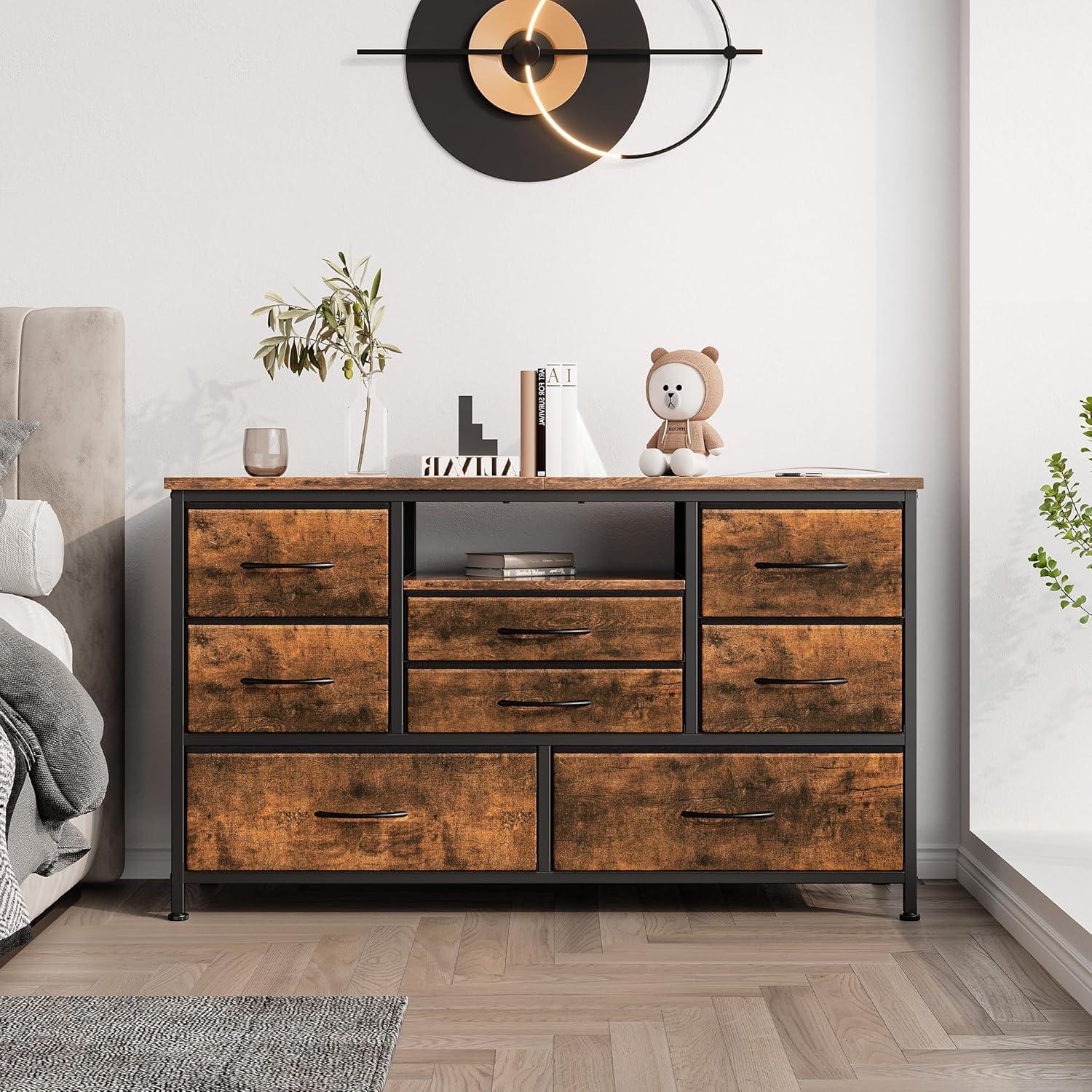 INDSUMOT 8 Dresser TV Stand with Power Outlet & LED for 55'' TV, Long Dresser for Bedroom with 8 Deep Drawers, Wide Console Table for Storage in Closet, Living Room, Entryway, Wood Top(Rustic Brown)