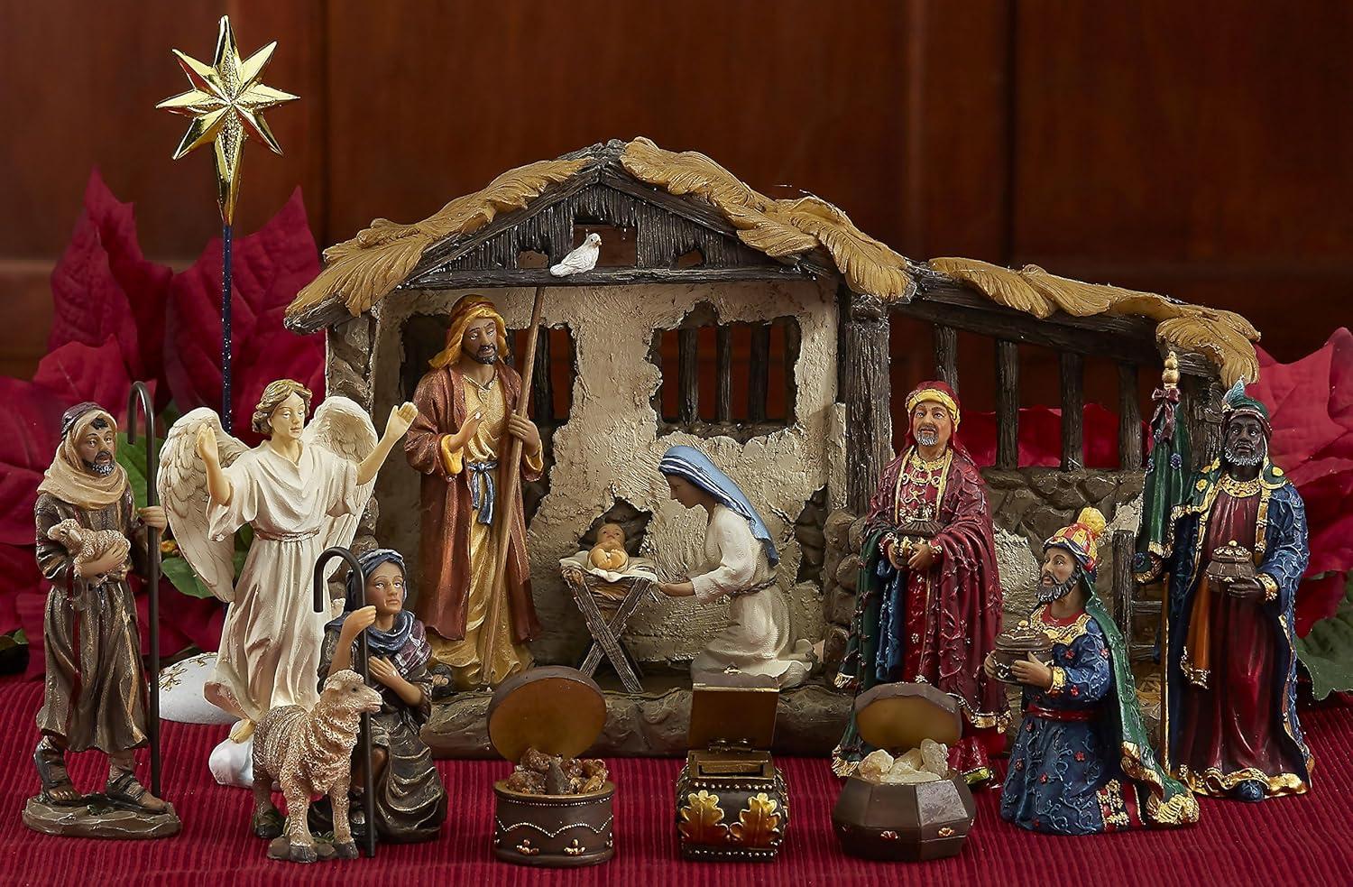 Three Kings Gifts Nativity Set for Christmas Indoor 23 Piece 5 Inch Figures with Lighted Stable, Palm Tree and Chests of Gold, Frankincense and Myrrh