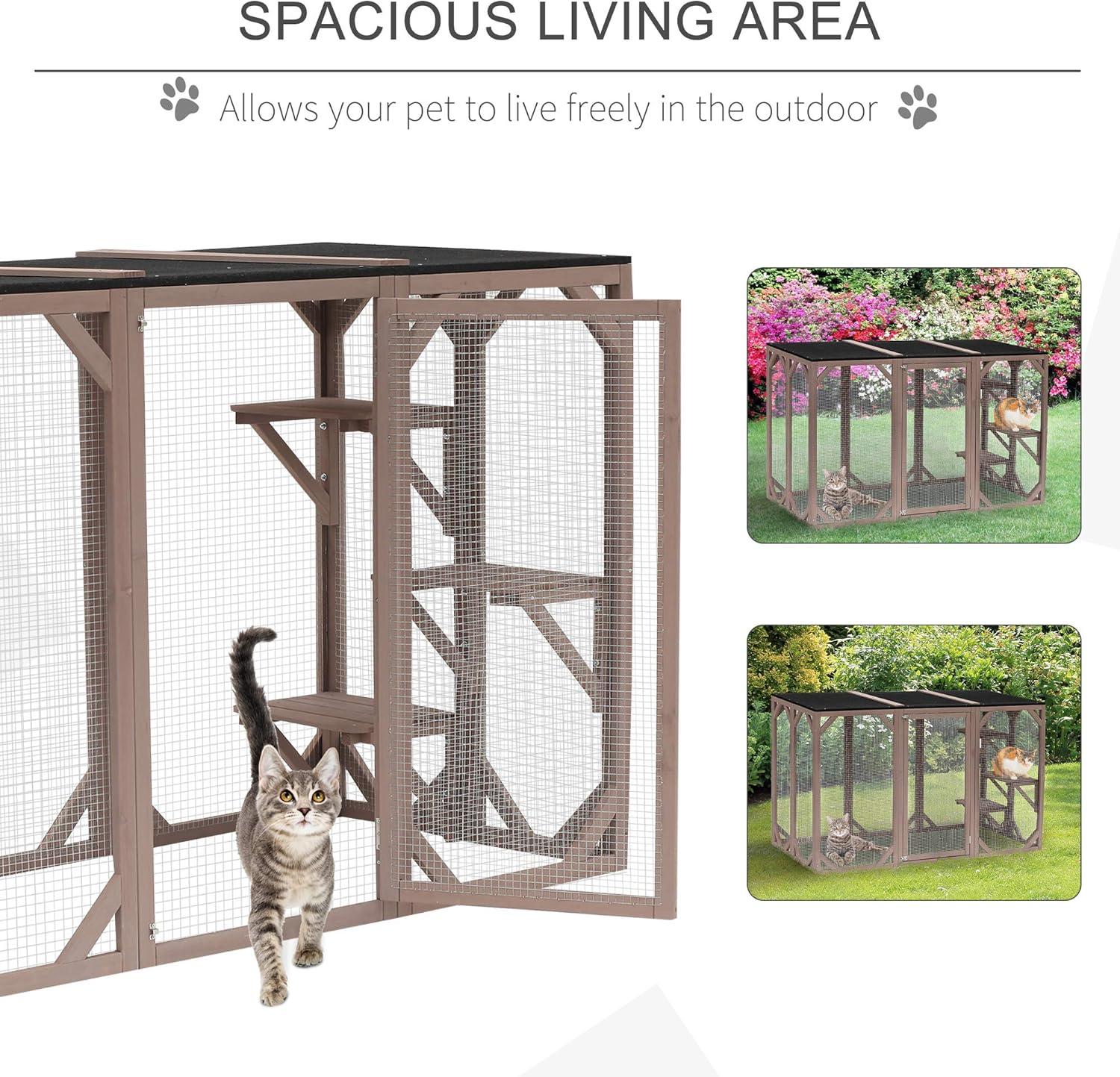 PawHut Wooden Outdoor Cat House Catio Kitten Enclosure Indoor Cage with Asphalt Roof, Multi-Level Platforms and Large Enter Door - 71"L