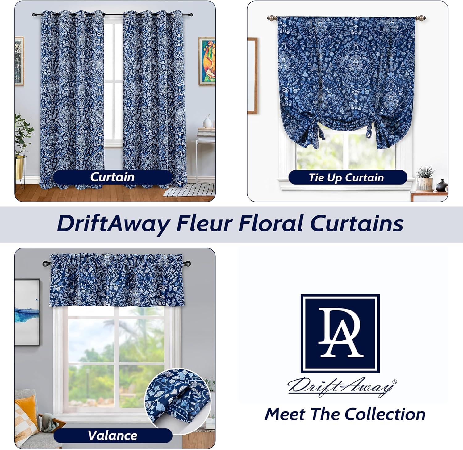 Navy Blue Floral Damask Blackout Rod Pocket Valance 52" x 14"