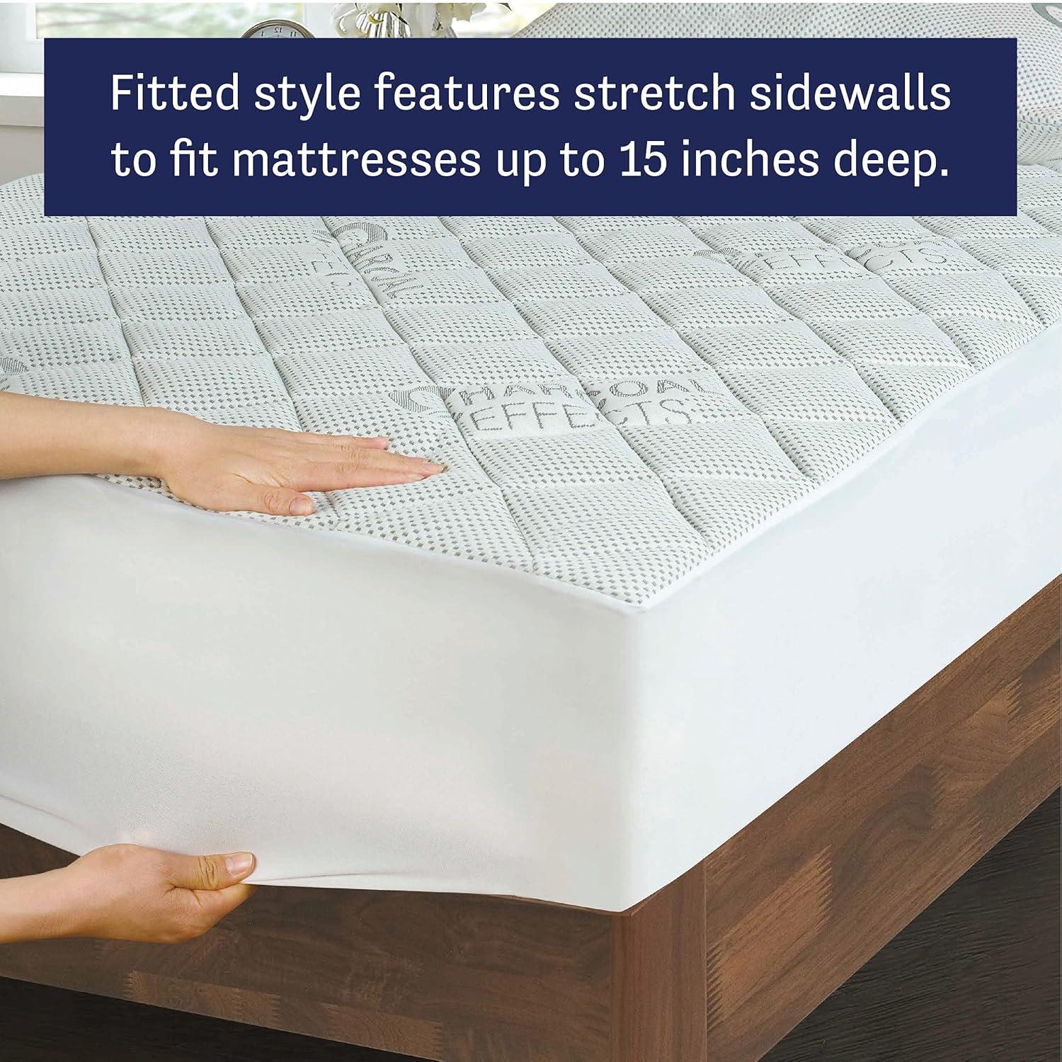 Water-Resistant Charcoal Effects Odor Control and Cooling Fitted Mattress Pad, Twin, White
