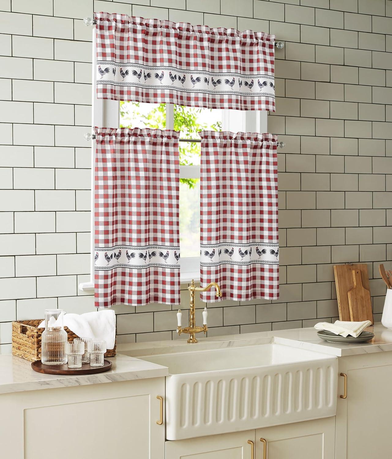 Red Gingham Rooster Print Polyester Kitchen Curtain Set