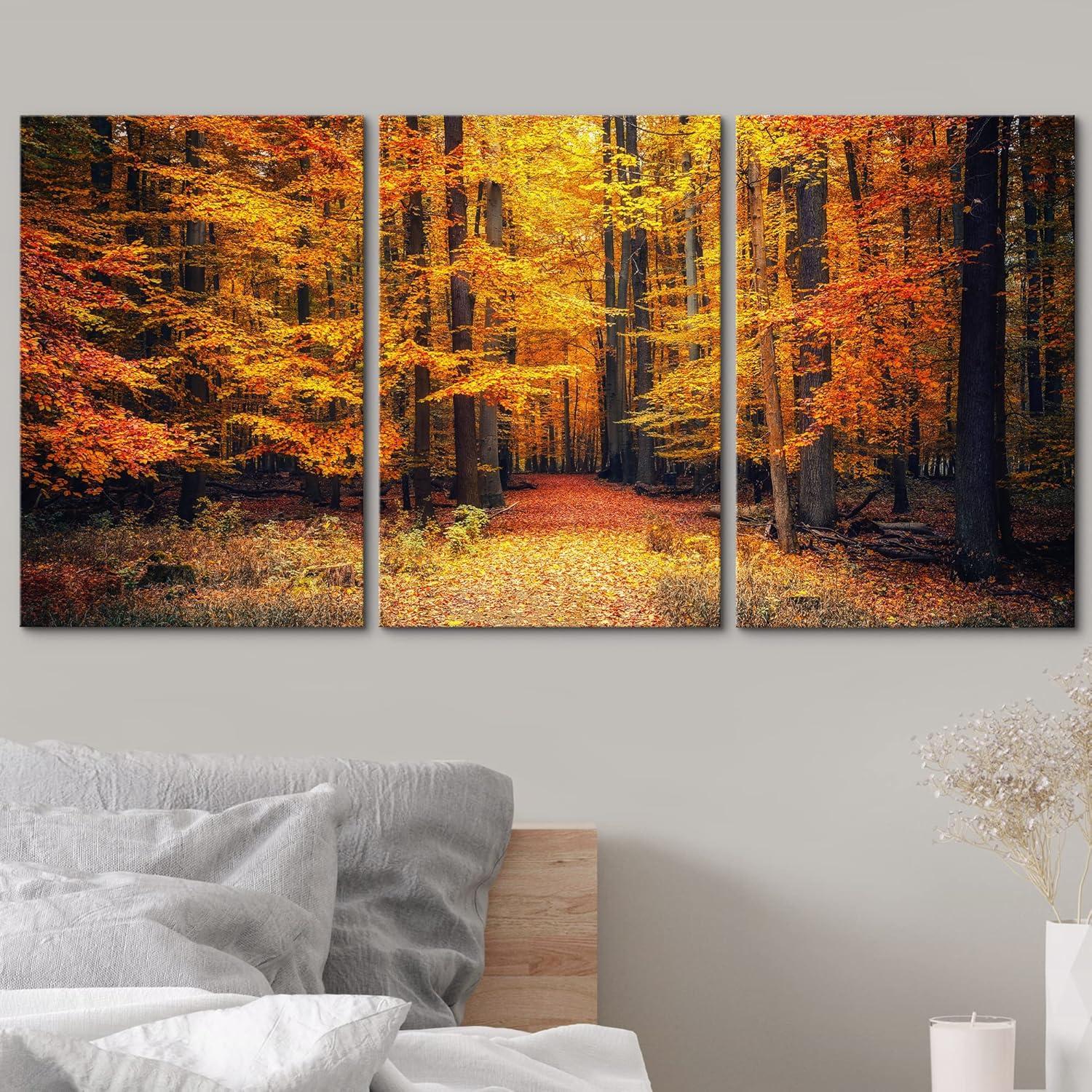 wall26 - 3 Piece Canvas Wall Art - Pathway in The Autumn Park - Modern Home Art Stretched and Framed Ready to Hang - 24"x36"x3 Panels