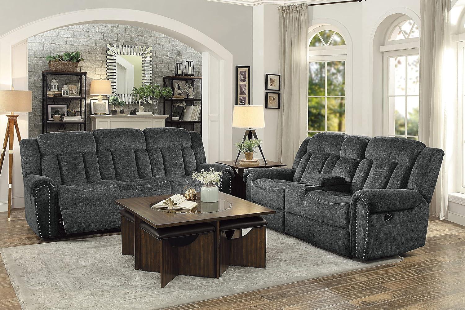Transitional Charcoal Gray Fabric Reclining Sofa with Nailhead Accents