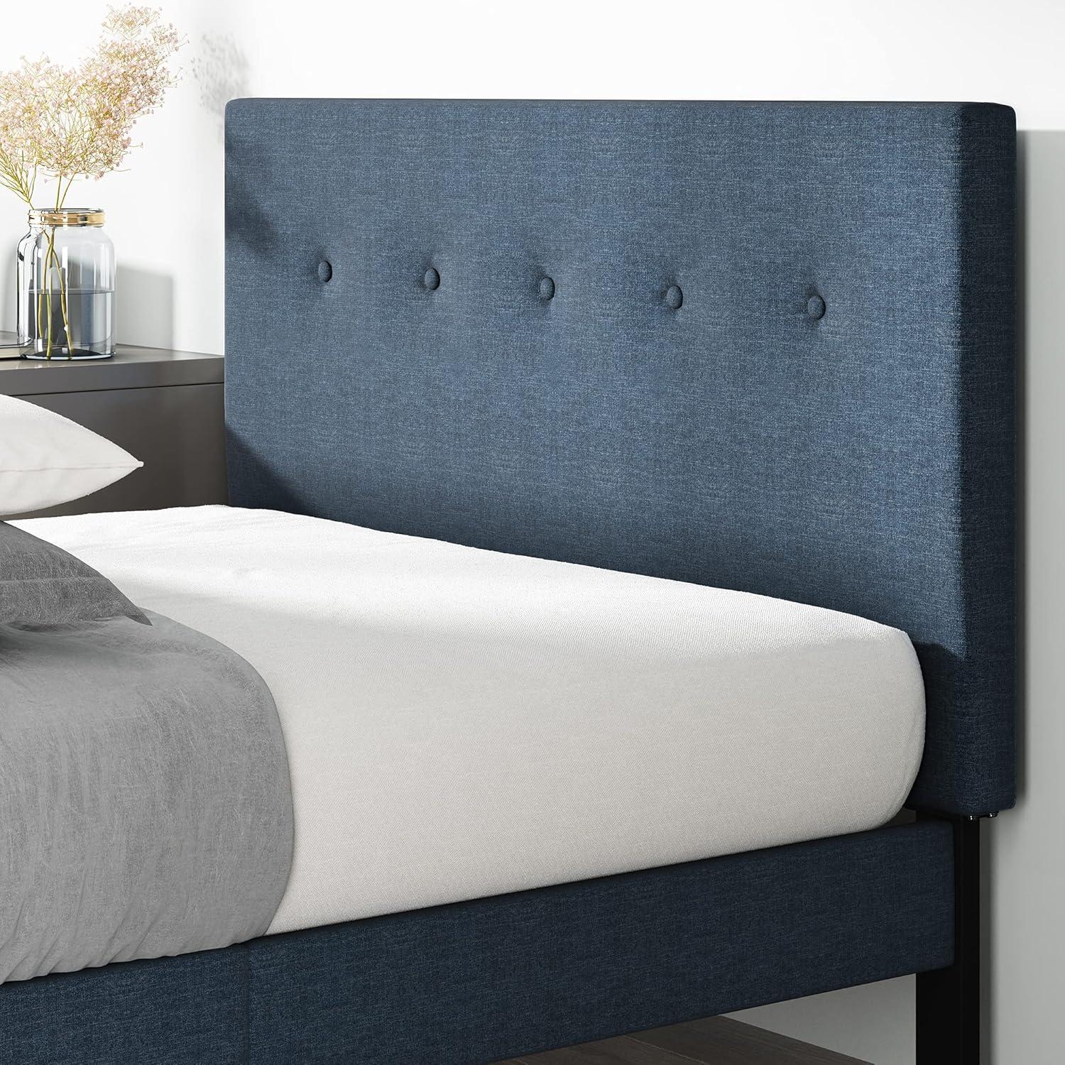 Navy Upholstered Queen Platform Bed with Tufted Headboard