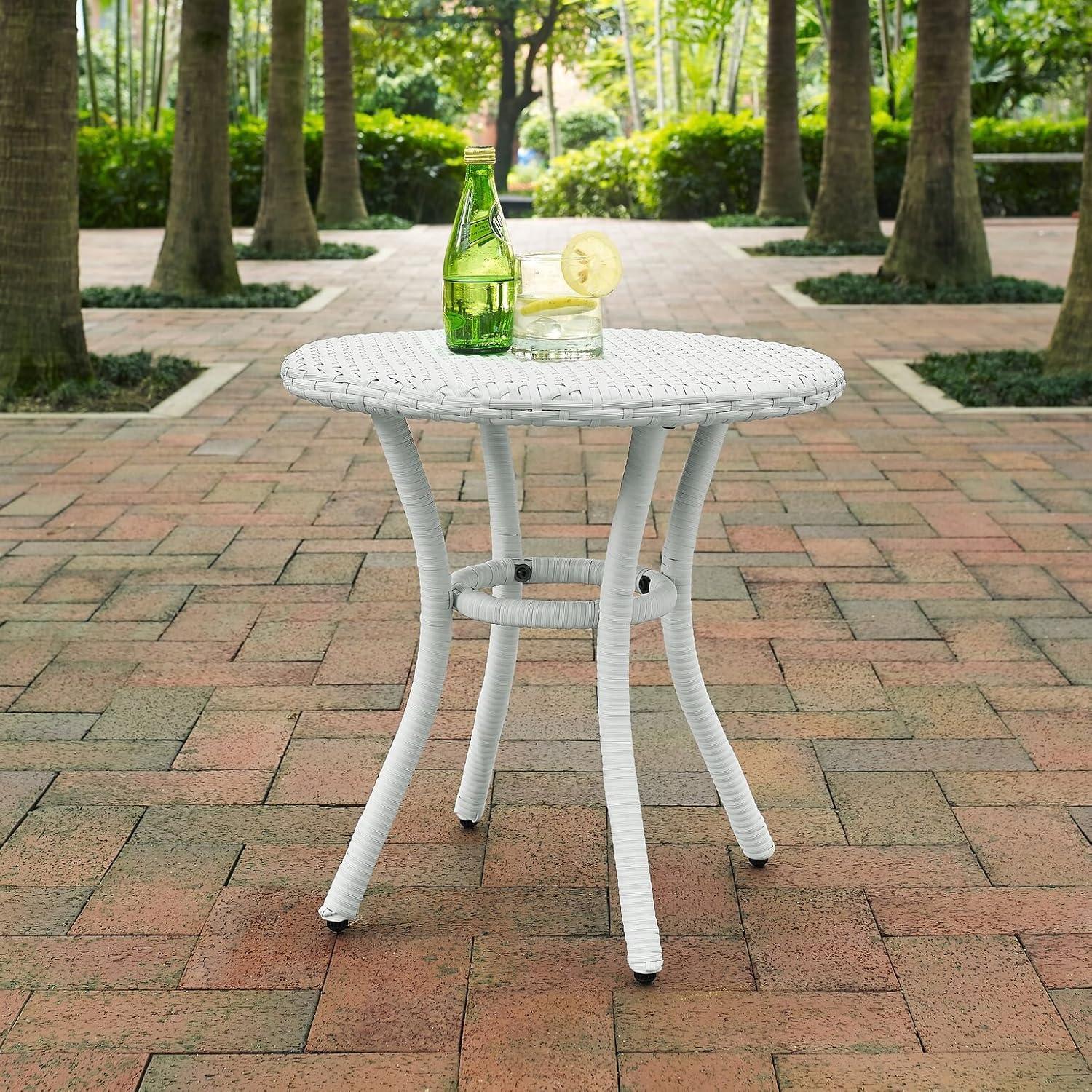 Crosley Palm Harbor Outdoor Wicker Round Side Table in White: UV-Resistant, Powder-Coated Steel Frame