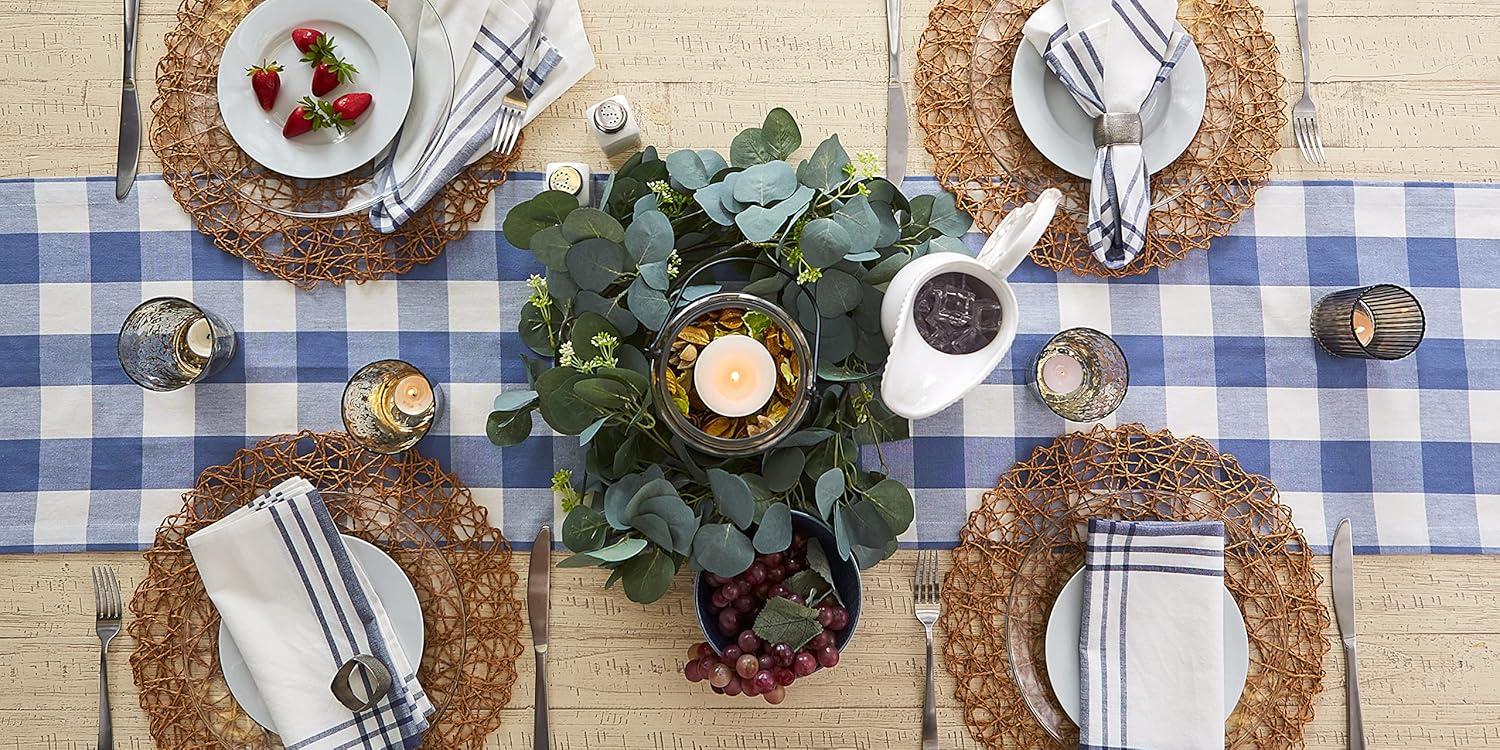 Stonewash Blue Cotton Buffalo Check Table Runner, 14x72