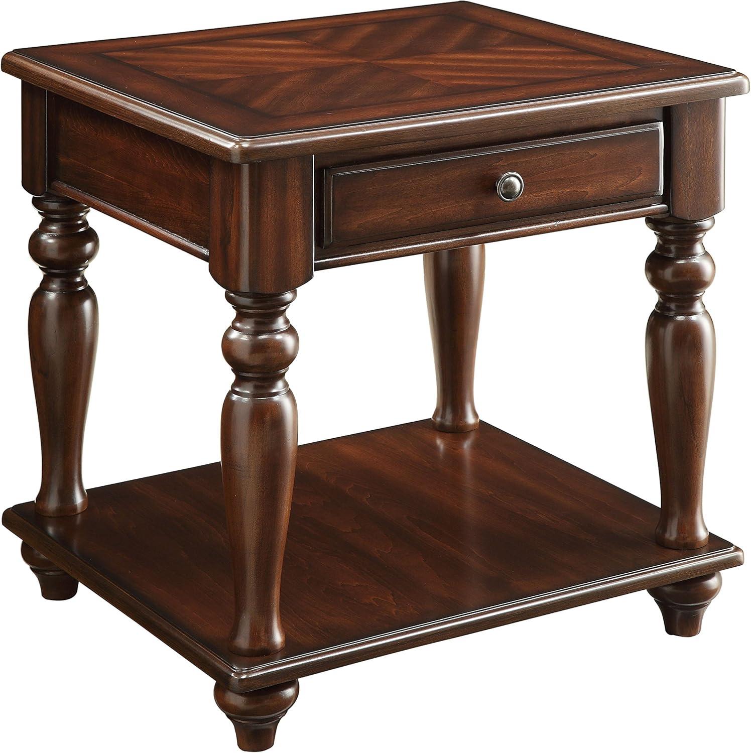 Walnut Brown Wooden End Table with Drawer and Shelf