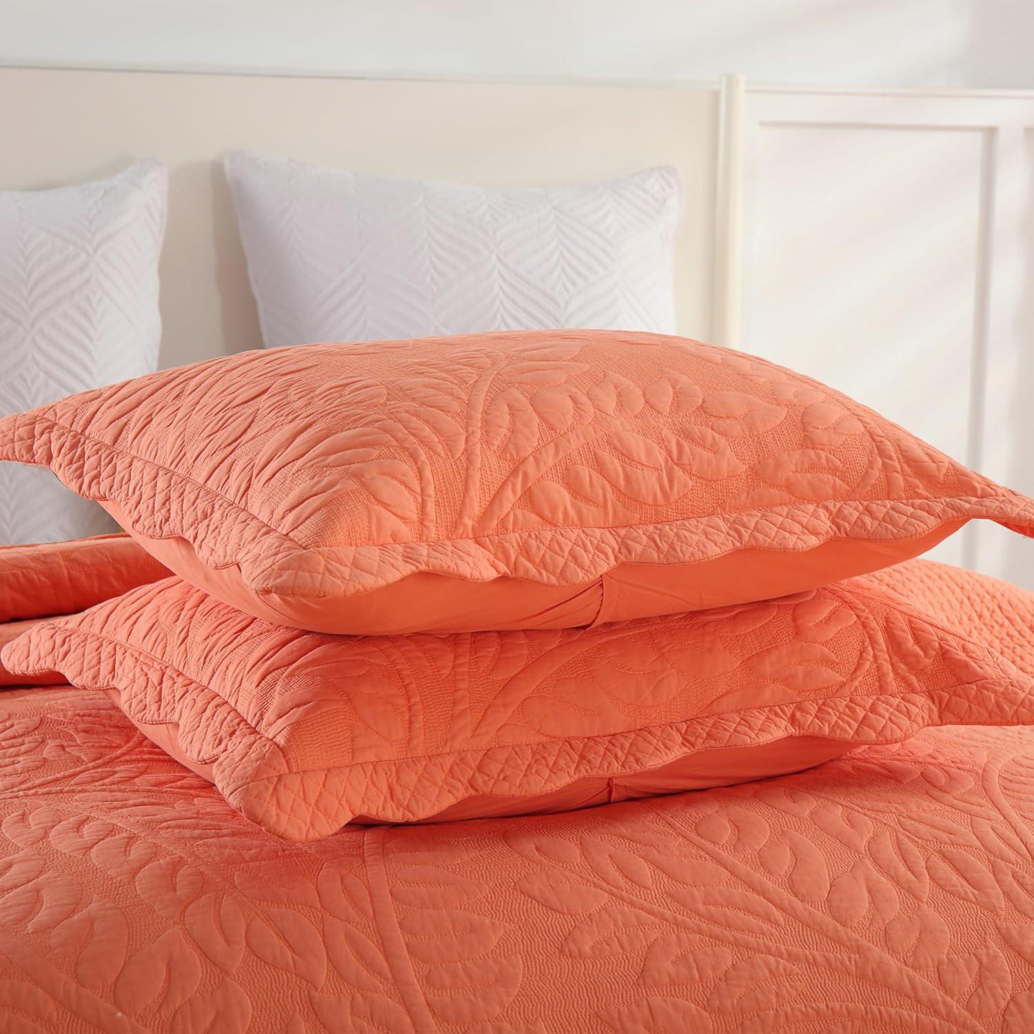 Salmon Cotton Embroidered Queen Size Quilt Bedspread Set