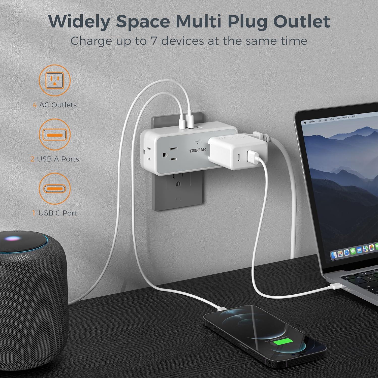 Outlet Extender Surge Protector, TESSAN Multi Wall Plug with 4 AC Electrical Outlets, 3 Sided Multiple Plug Expander, 1875W Max, Power Splitter 3 Prong Adapter for Home Bathroom Office Dorm Room