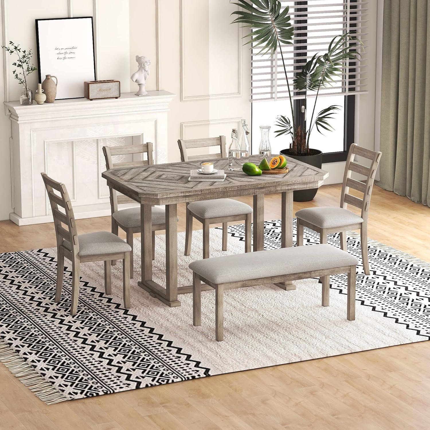 Bellemave Dining Table Set for 6, Rectangular Dining Table with Upholstered Chairs and Bench, 6-Piece Table Set for Dining Room and Kitchen, Retro Dining Room Table Set with Bench, 4 Chairs