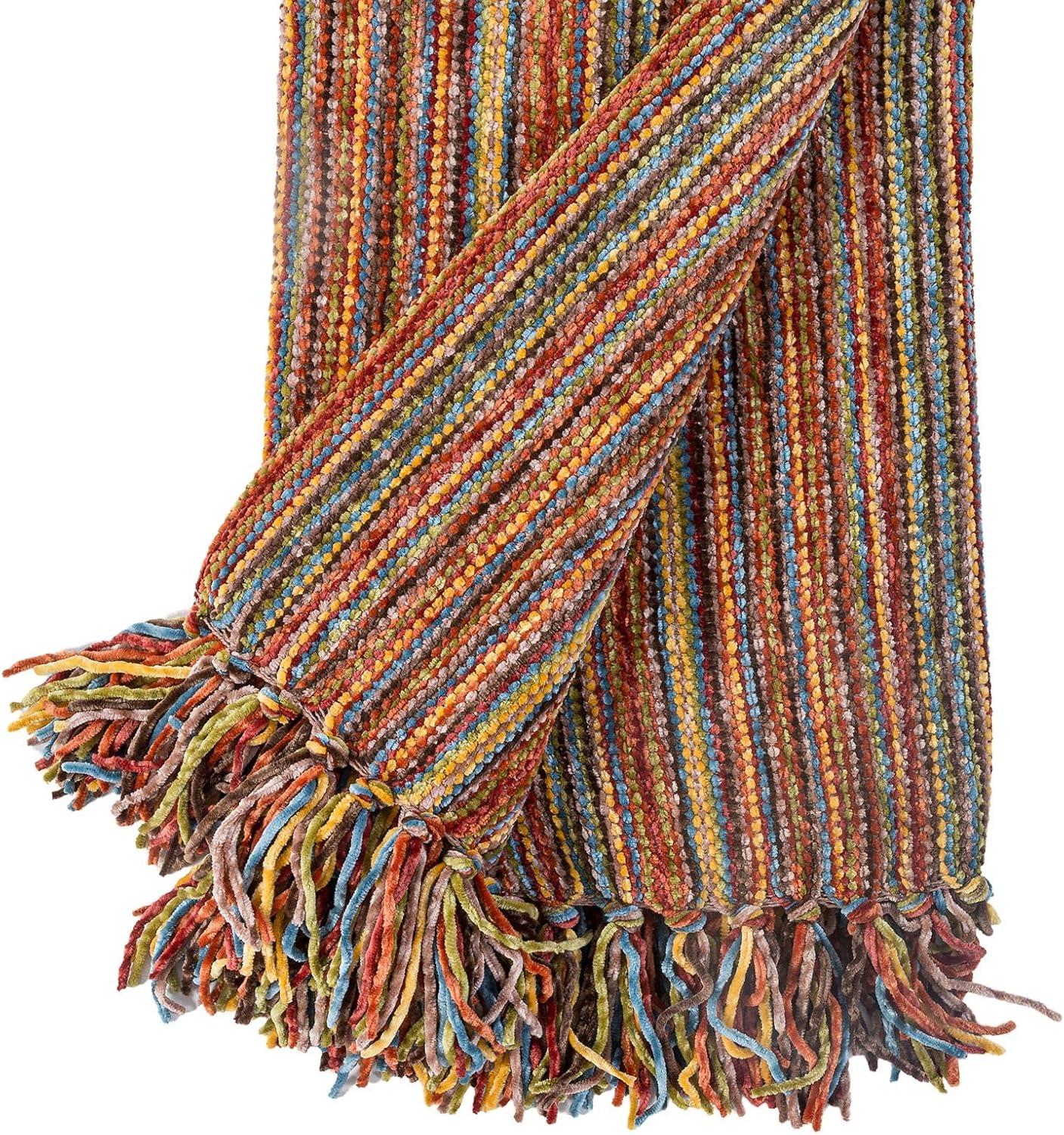 DECOMALL Decorative Throw Blanket with Fringe Soft Striped Multi Color Throws for Couch Sofa Armchair Bed 50”x 60” (Red Multi, 50”x 60”)