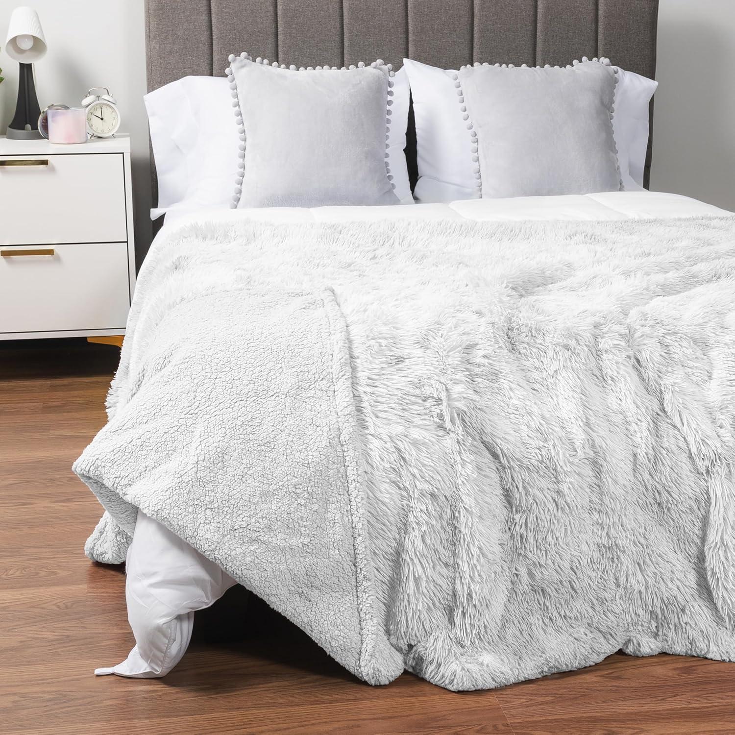 PAVILIA Fluffy Faux Fur Reversible Throw Blanket for Bed, Sofa, and Couch