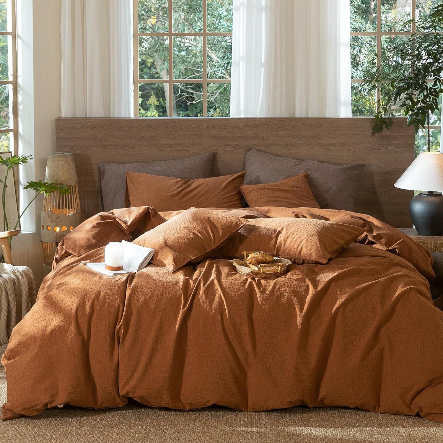 MOOMEE 100% Washed Cotton Linen Like Textured Duvet Cover Set