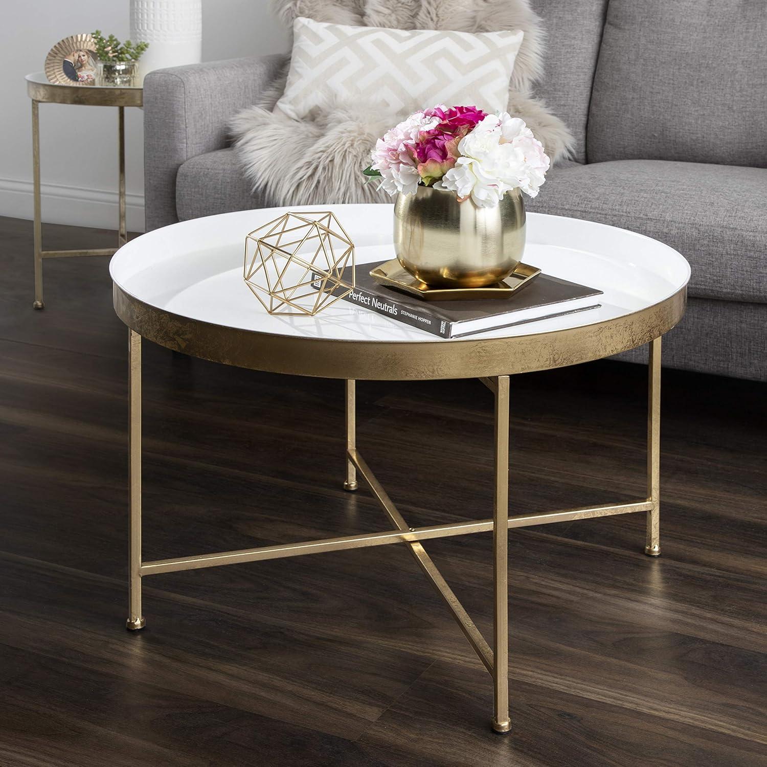 Kate and Laurel Celia Round Metal Coffee Table, 28.25x28.25x19, White and Gold