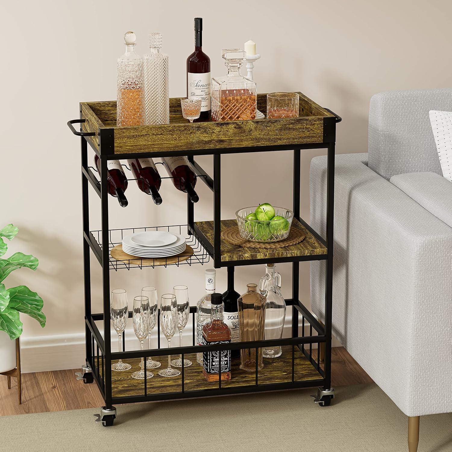 Rustic Brown 3-Tier Wood and Metal Bar Cart with Wine Rack