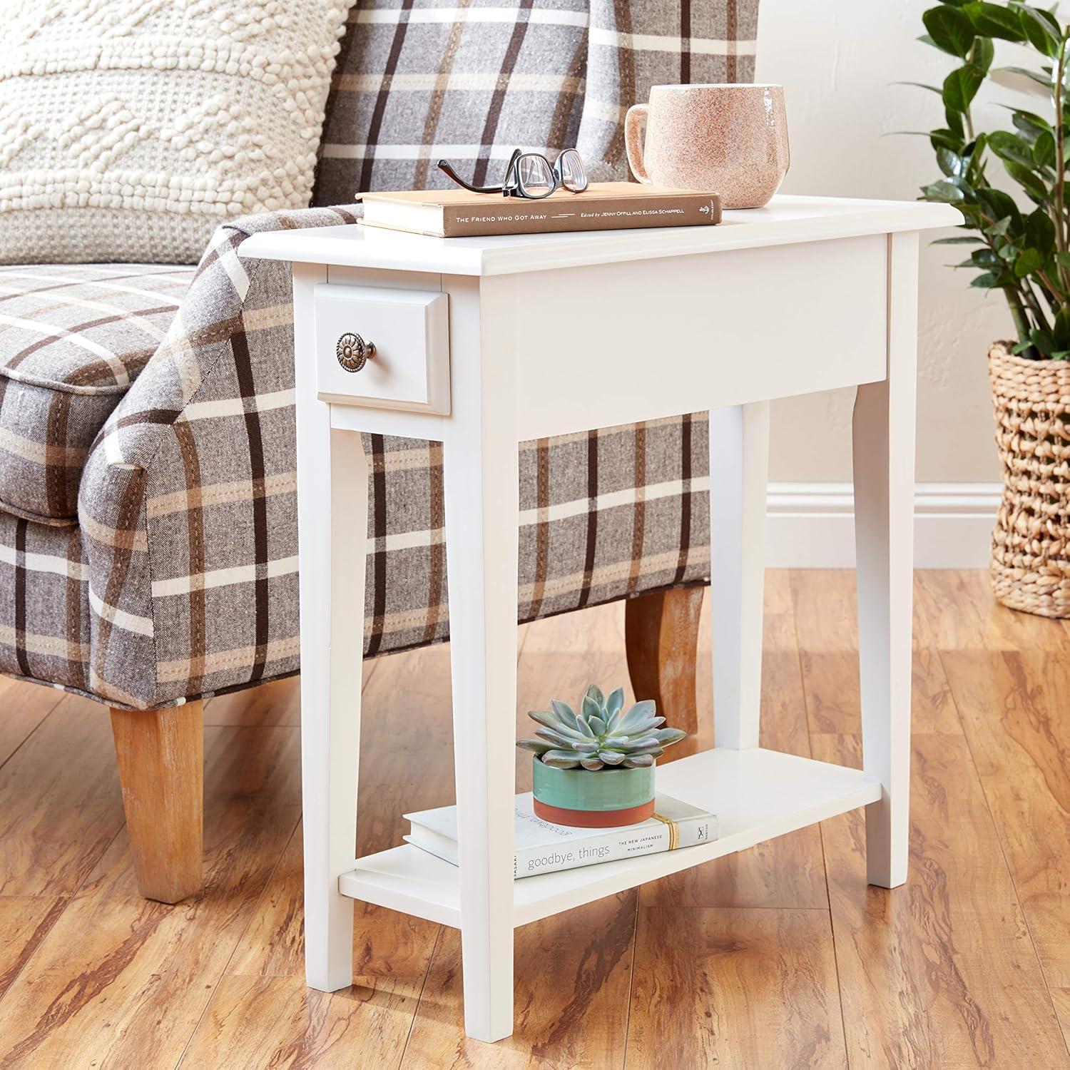 Off-White Wood Narrow Side Table with Drawer and Shelf