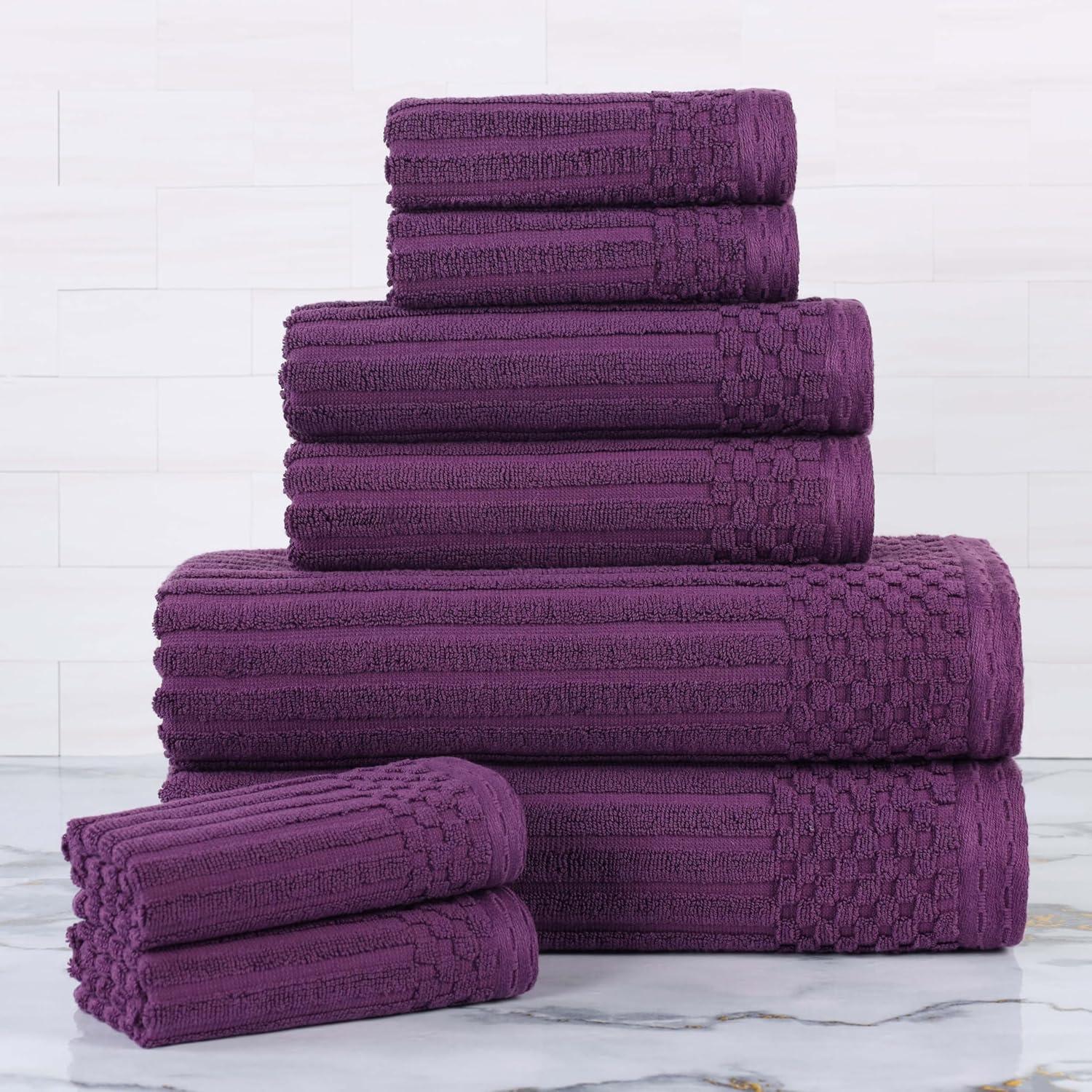 Superior Soho Cotton Ribbed Checkered 8 Piece Towel Set, Plum