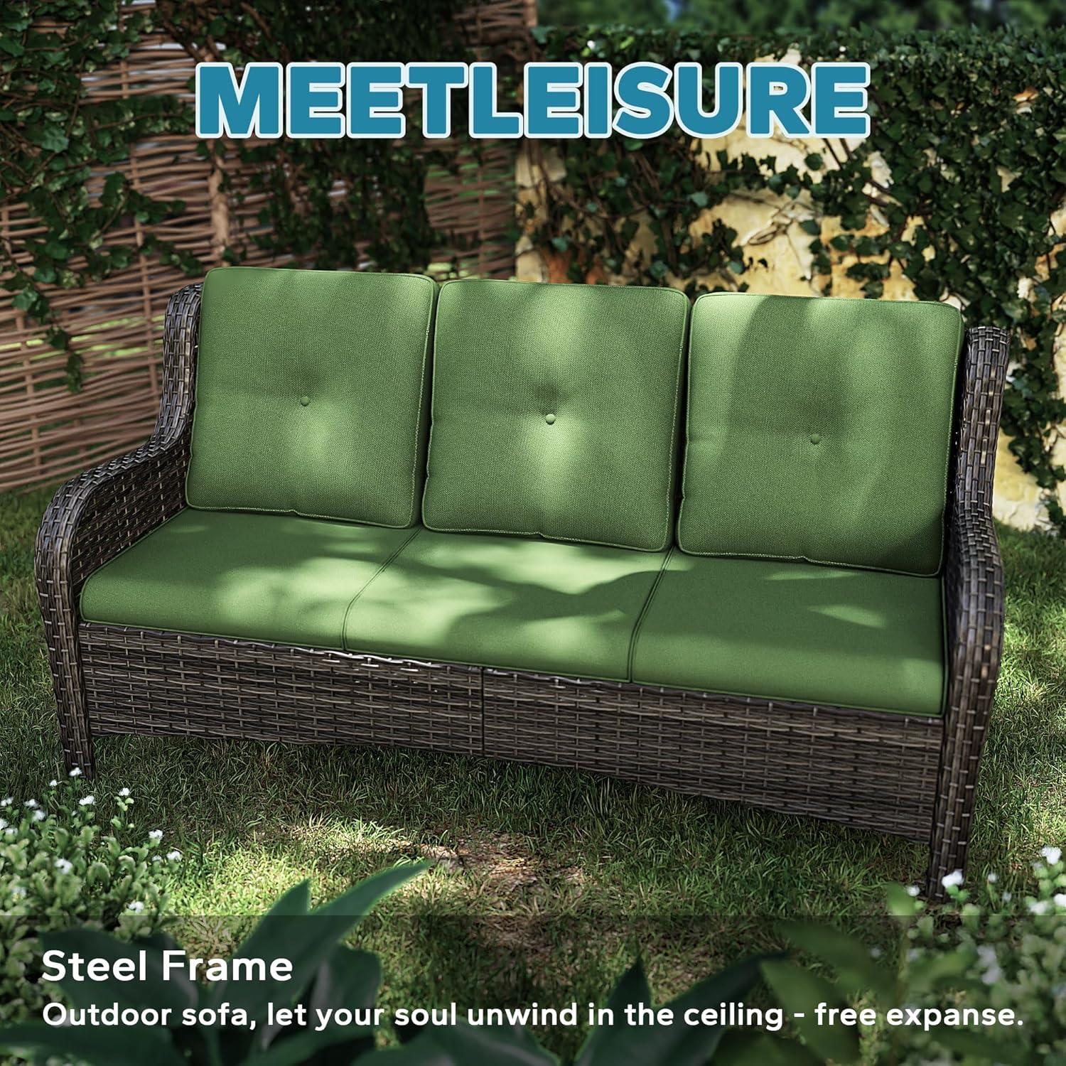 3-Seat Wicker Outdoor Patio Sofa Sectional Couch with Green Cushions
