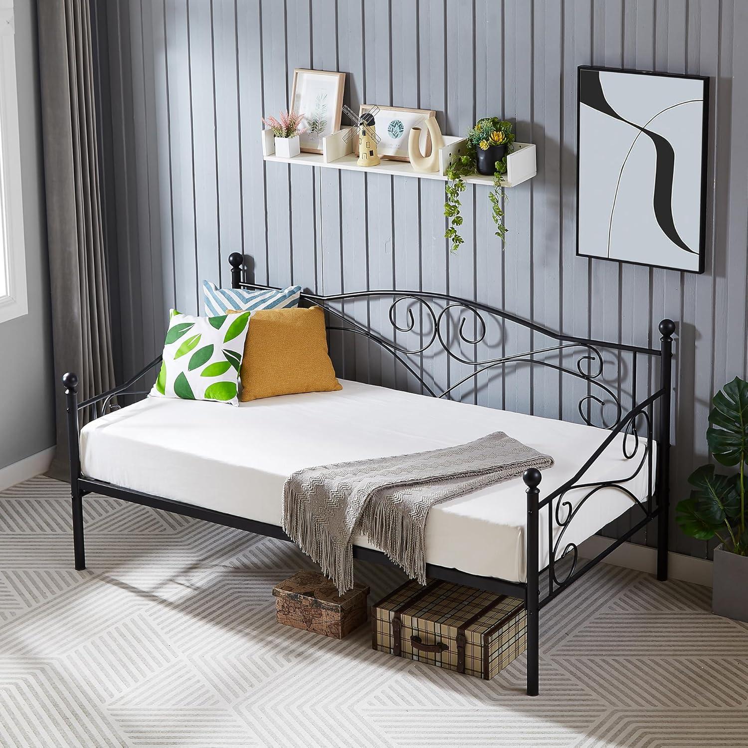 Black Twin Metal Daybed Frame with Headboard and Slats