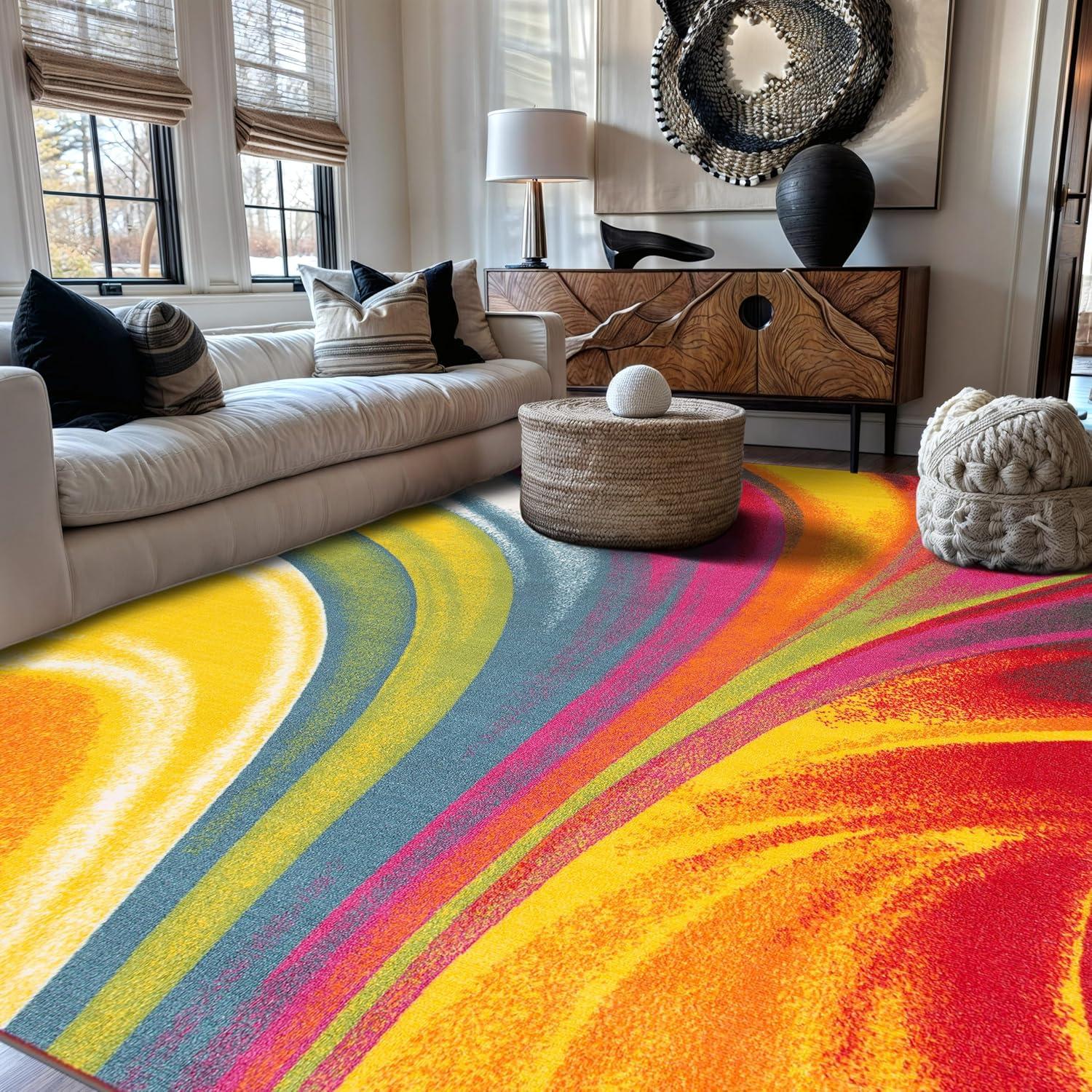 World Rug Gallery Modern Contemporary Waves Multicolored Non-slip (Non-skid) Area Rug - Multi 5'3" x 7'3"